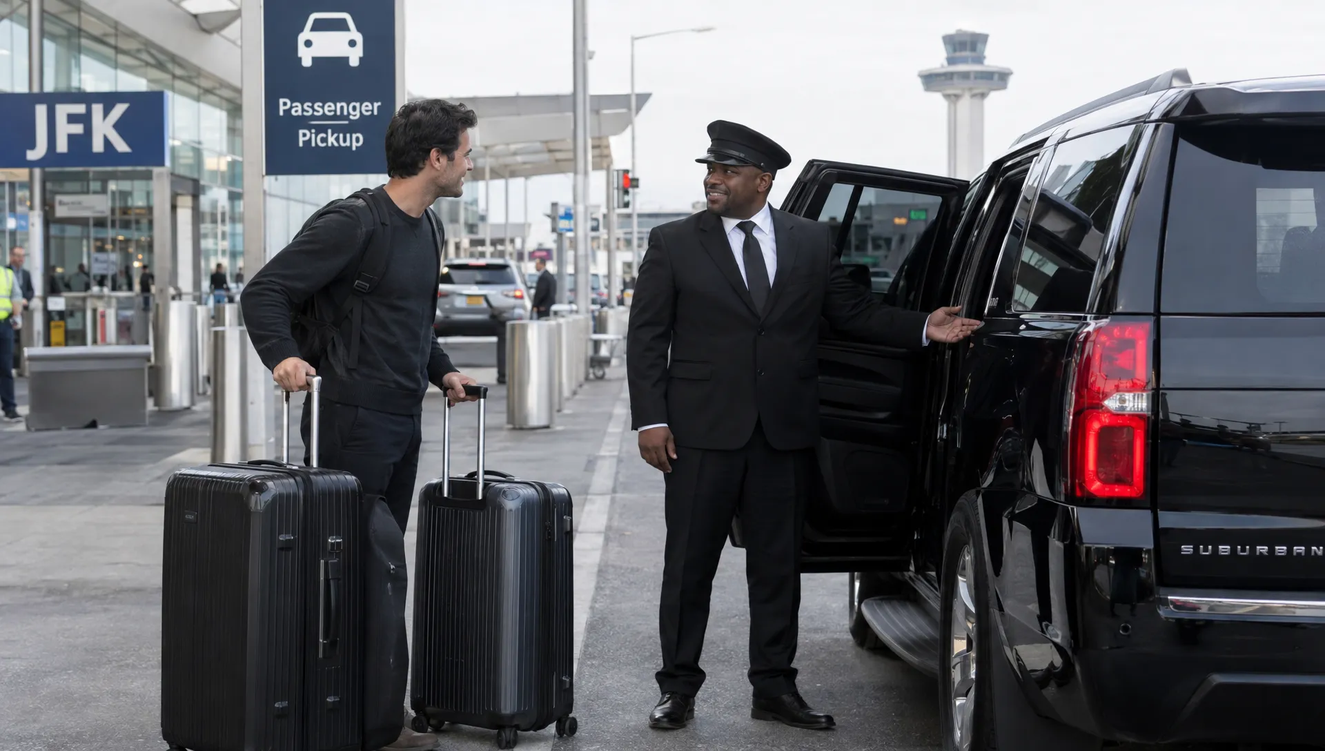 An international traveler with two large suitcases meets a chauffeur beside a black executive SUV at JFK's designated pickup area.