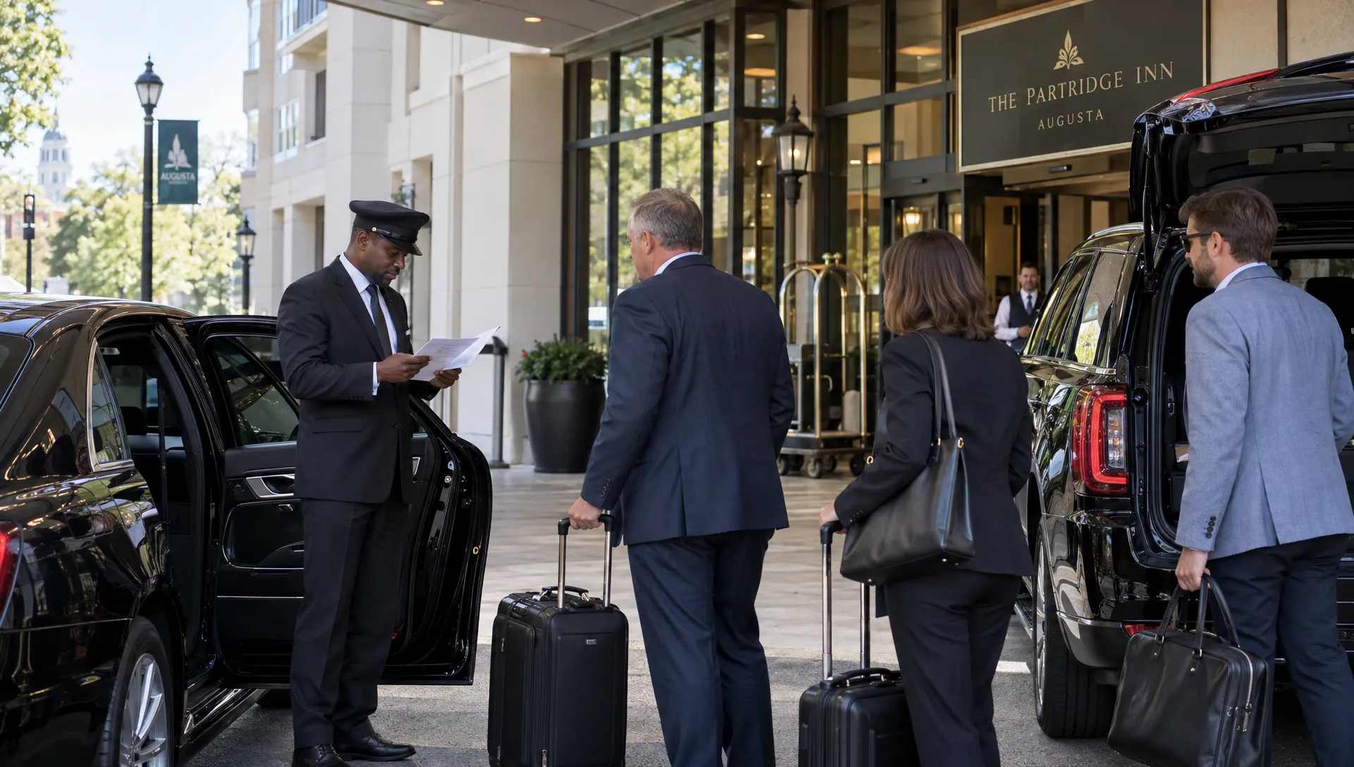 A chauffeur checks a printed itinerary beside a black executive car and SUV as business travelers gather with carry-on bags at a downtown Augusta hotel pickup.
