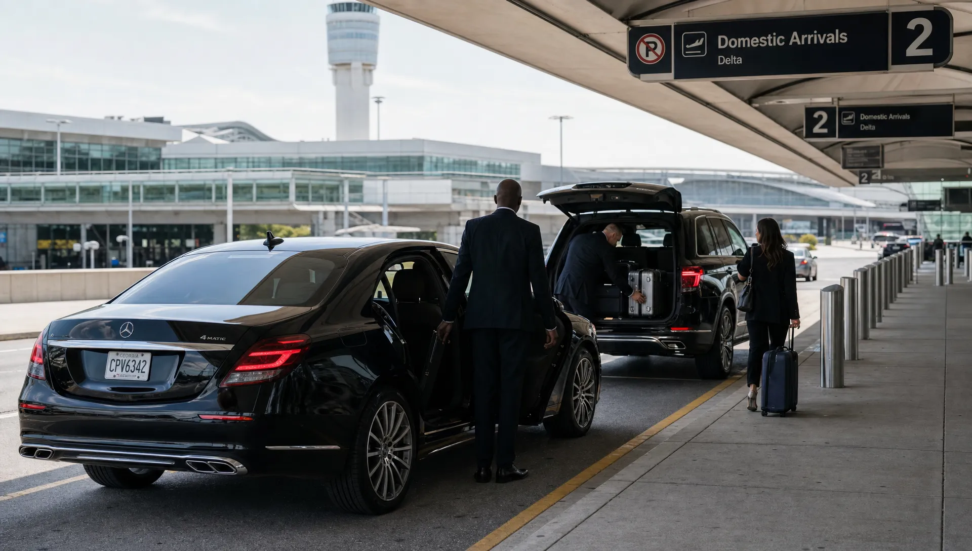 Luxury sedan and executive SUV waiting at an Atlanta airport pickup area for private business travel with luggage space and curbside coordination.