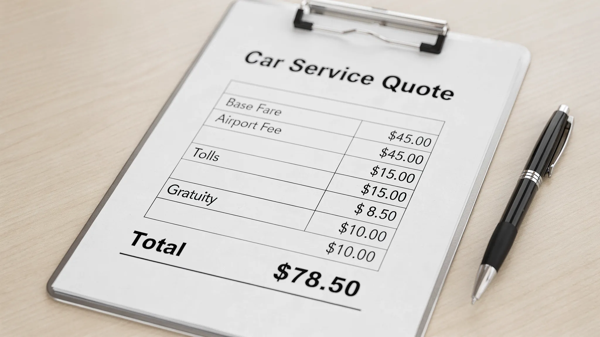 A clean, professional itemized black car service quote on a clipboard showing base fare, airport fee, tolls, gratuity, and total, with a pen next to it.