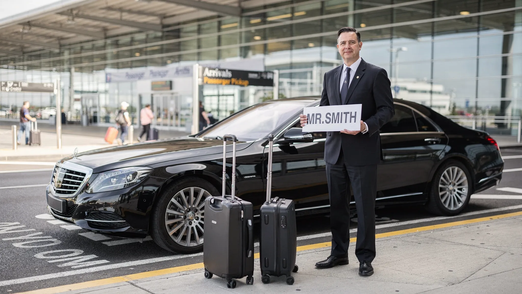 A professional chauffeur in a dark suit standing near a luxury black sedan at an airport pickup area, holding a simple name sign, with luggage nearby and the car parked legally at the curb.