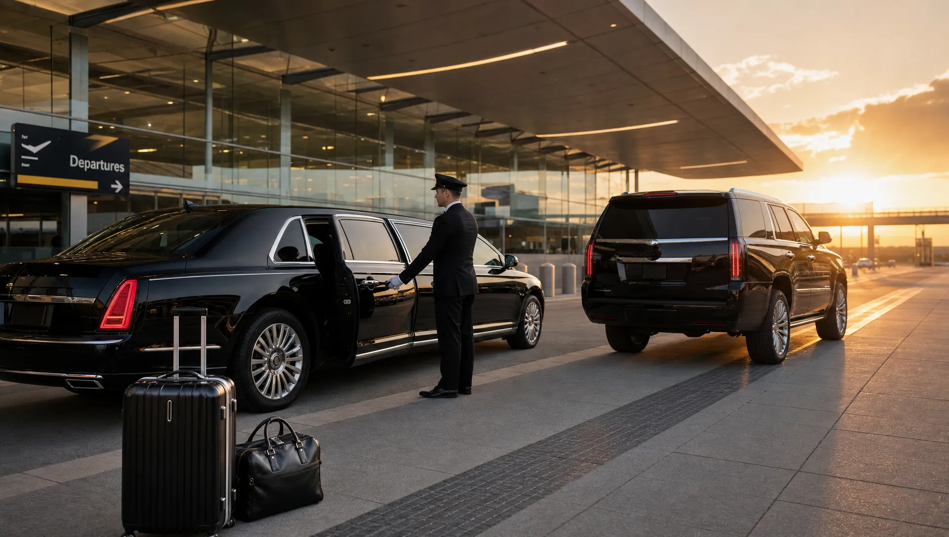 A luxury black limousine and executive SUV parked outside a modern airport terminal at sunset, with luggage nearby and a professional chauffeur preparing for a scheduled pickup.