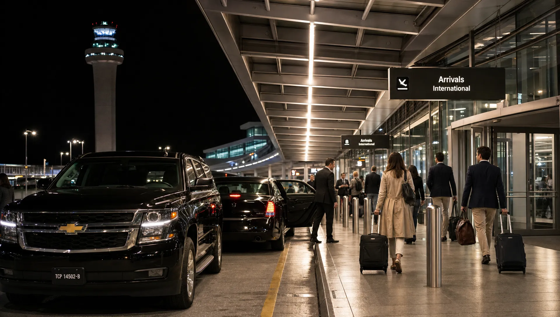 A luxury black SUV and a chauffeured limousine waiting near an airport arrivals curb at night, with international travelers carrying luggage outside a modern terminal.