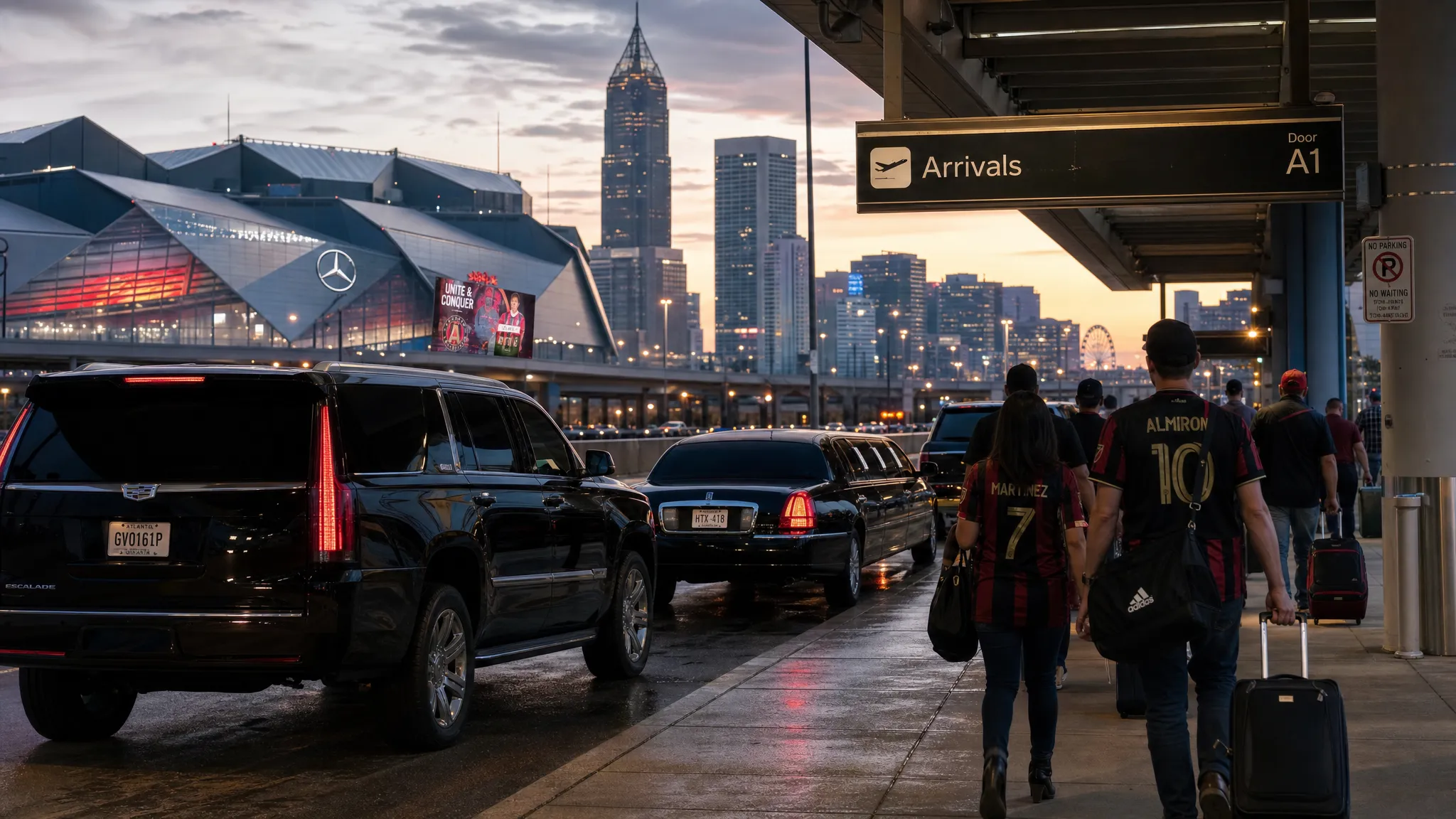 A black luxury SUV and a stretch limousine waiting near an airport arrival area while soccer fans with luggage walk toward the vehicles. In the distance, Atlanta skyline elements and stadium-inspired architecture suggest a major international matchday atmosphere.