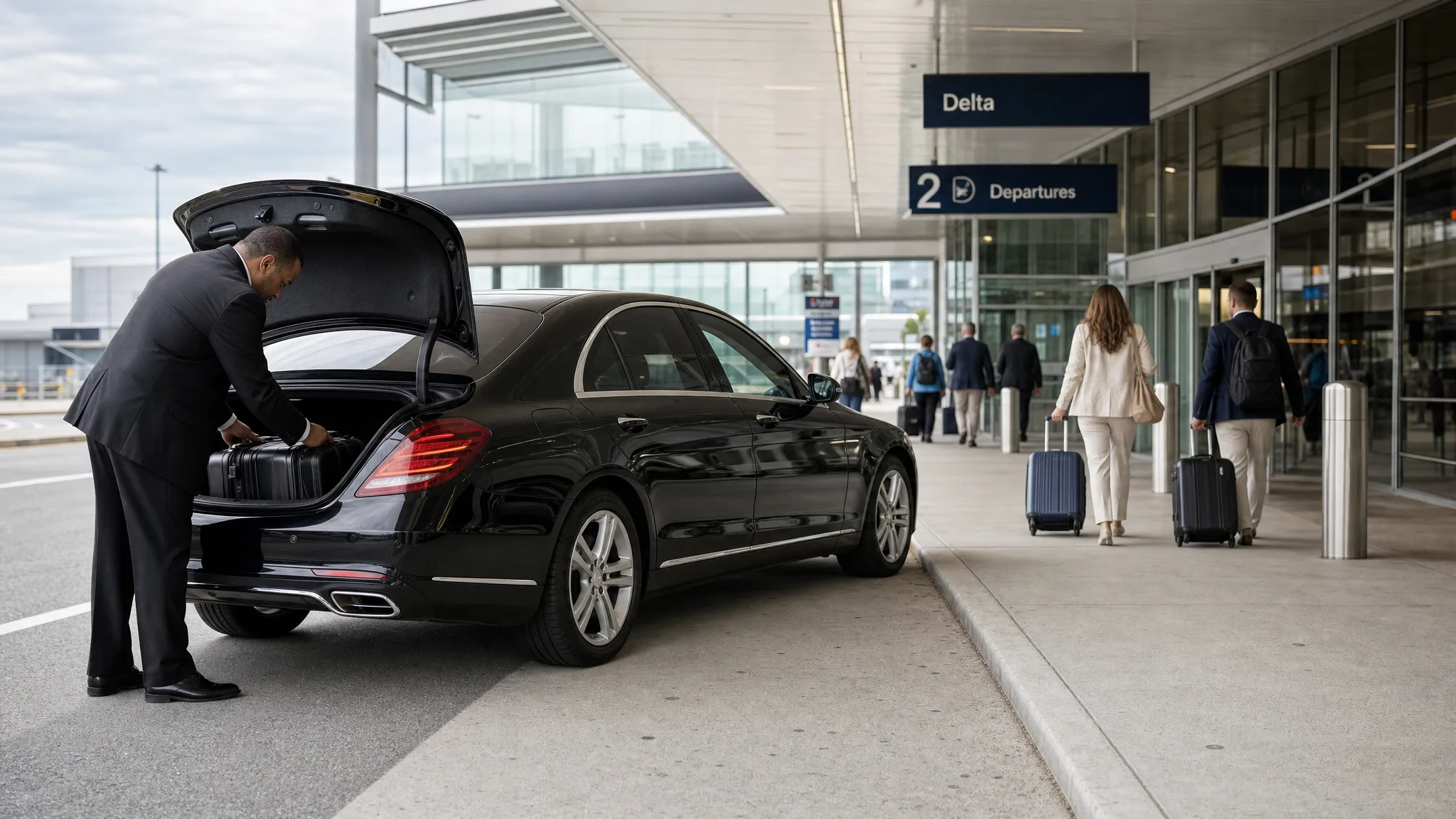 A professional black car waiting at an airport pickup curb while luggage is loaded into the trunk and travelers exit the terminal in the background.