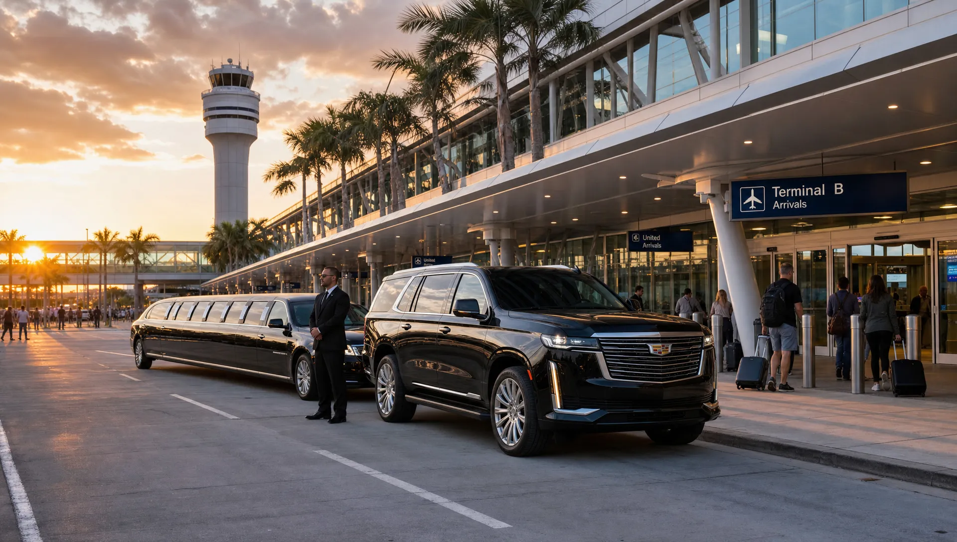 A black luxury SUV and stretch limousine waiting outside an Orlando airport terminal at sunset, with palm trees, travelers with luggage, and a professional chauffeur standing beside the vehicles.