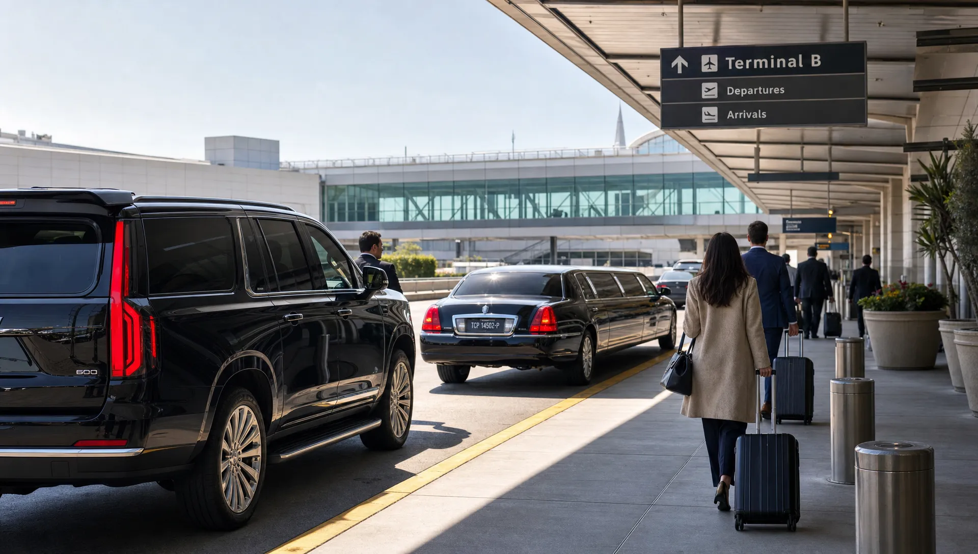 A luxury black SUV and a stretch limousine waiting outside an airport terminal while travelers with luggage approach the curbside pickup area.