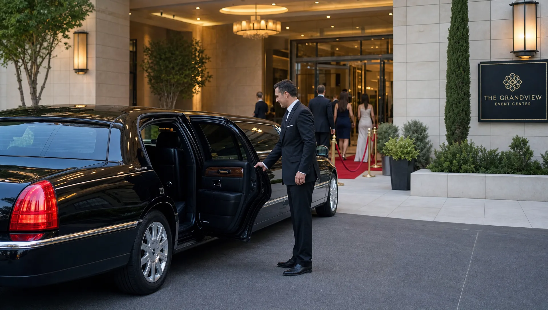 A polished black luxury limousine parked outside an upscale event venue while a professionally dressed chauffeur opens the rear passenger door for arriving guests, with the venue entrance and arrival lane clearly visible in the background.