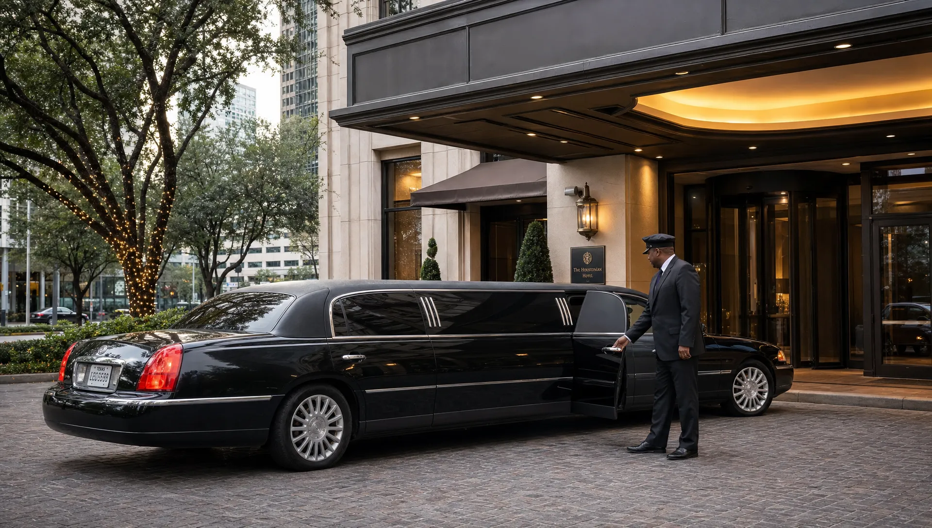A black stretch limousine waits outside a Houston hotel entrance with a chauffeur by the rear door.