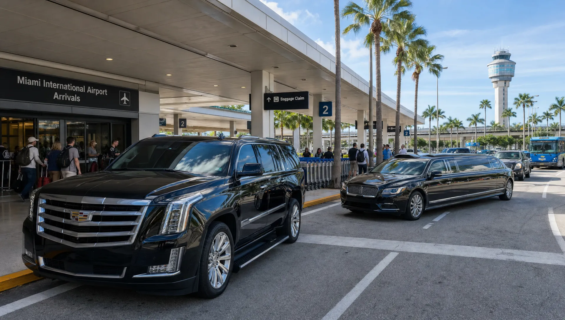 A black luxury SUV and stretch limousine waiting near a Miami airport arrival area with palm trees, luggage carts, and travelers in the background.