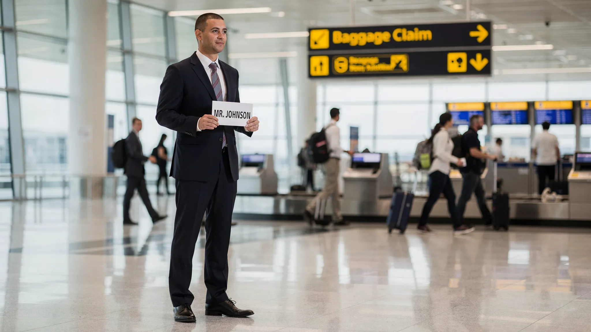 A professional chauffeur in a suit stands at an airport arrivals area holding a name sign, with baggage claim signage in the background and travelers walking past.