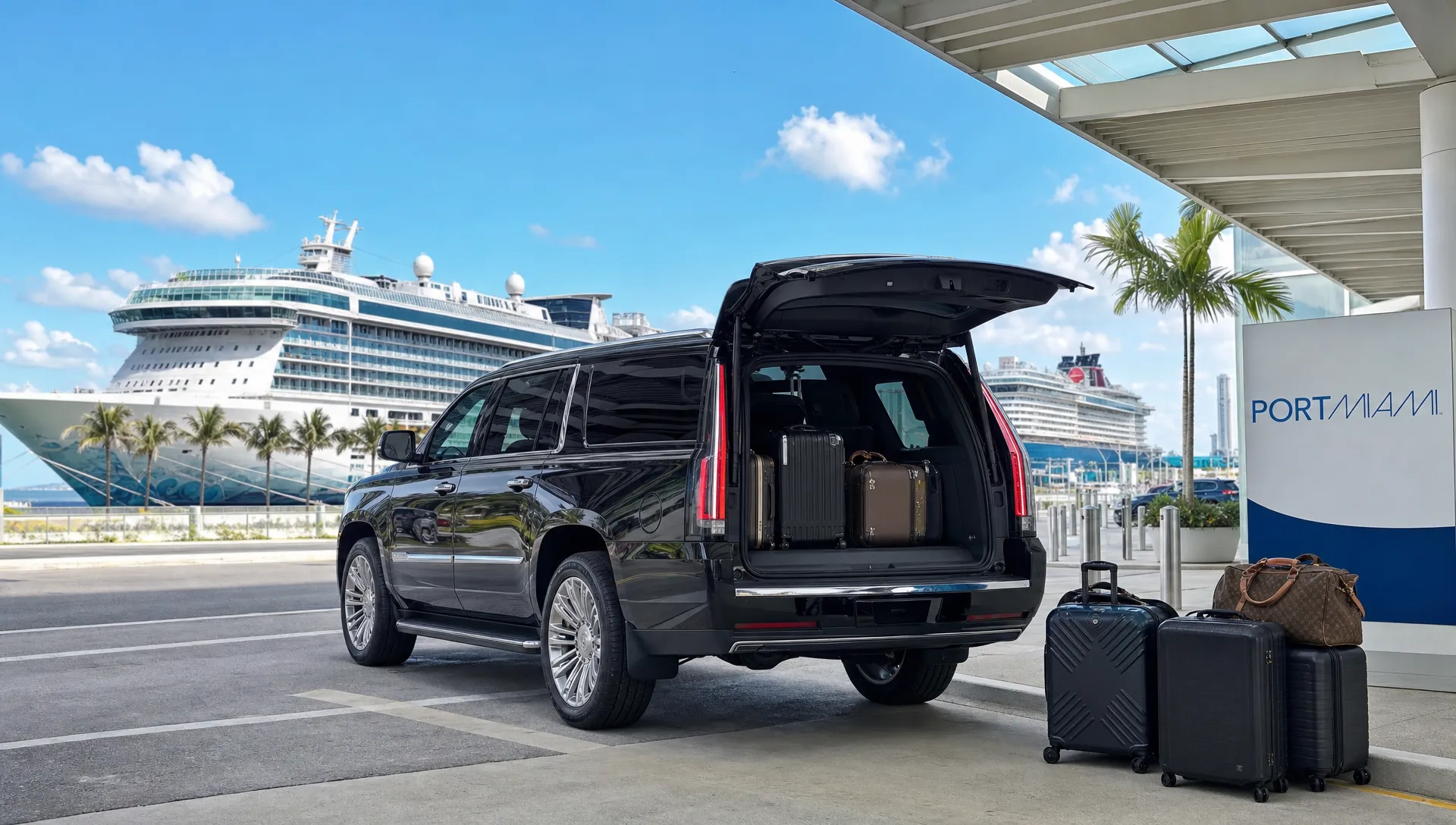 A luxury SUV waits at PortMiami with luggage ready for a cruise transfer and ships visible beyond the terminal.