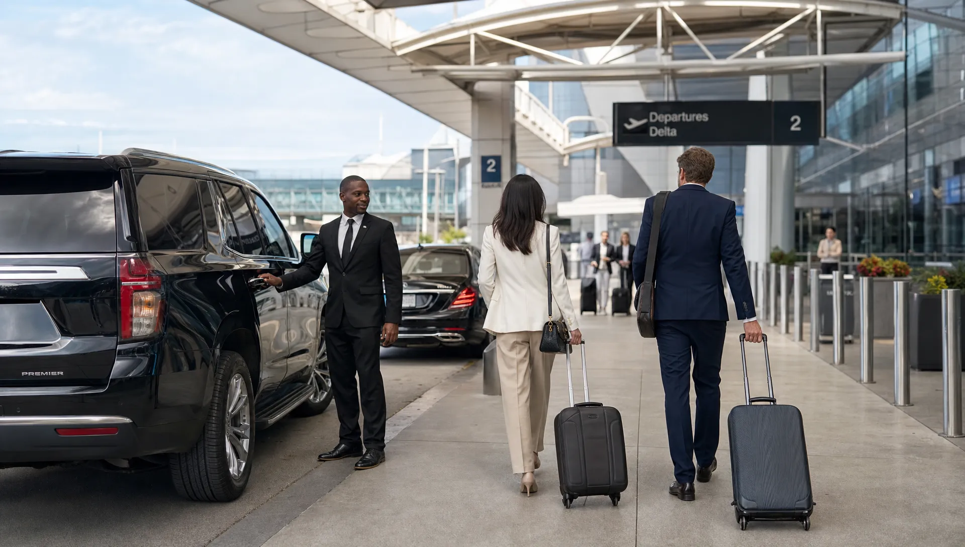 A luxury SUV and executive sedan wait at an airport terminal curb while a chauffeur and travelers move with luggage.