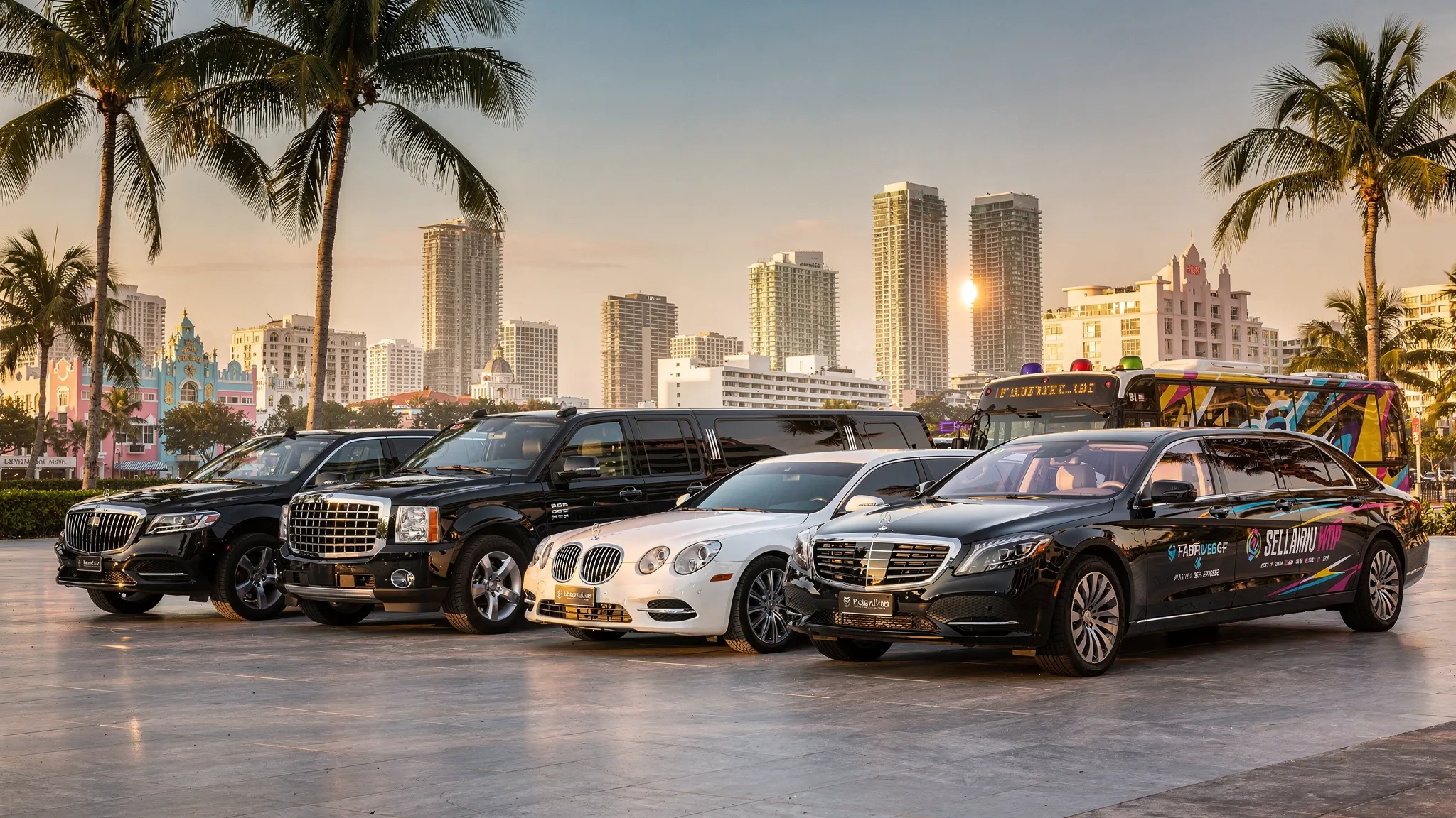 A luxury chauffeur-driven vehicle lineup in a Miami setting, showing a premium sedan, a full-size SUV, a stretch limousine, an executive van, and a party bus parked near palm trees with the Miami skyline in the background at golden hour.