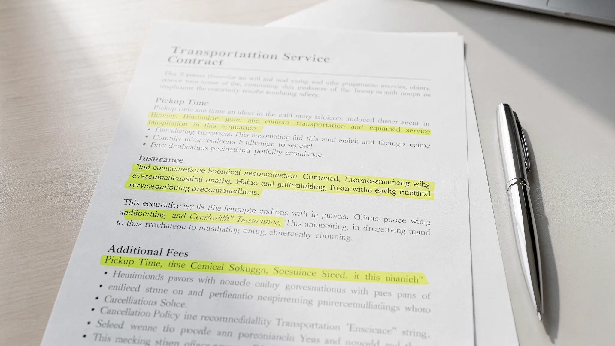 A close-up photo of a printed transportation service contract on a desk with a pen beside it, with key sections highlighted such as pickup time, cancellation policy, insurance, and additional fees.