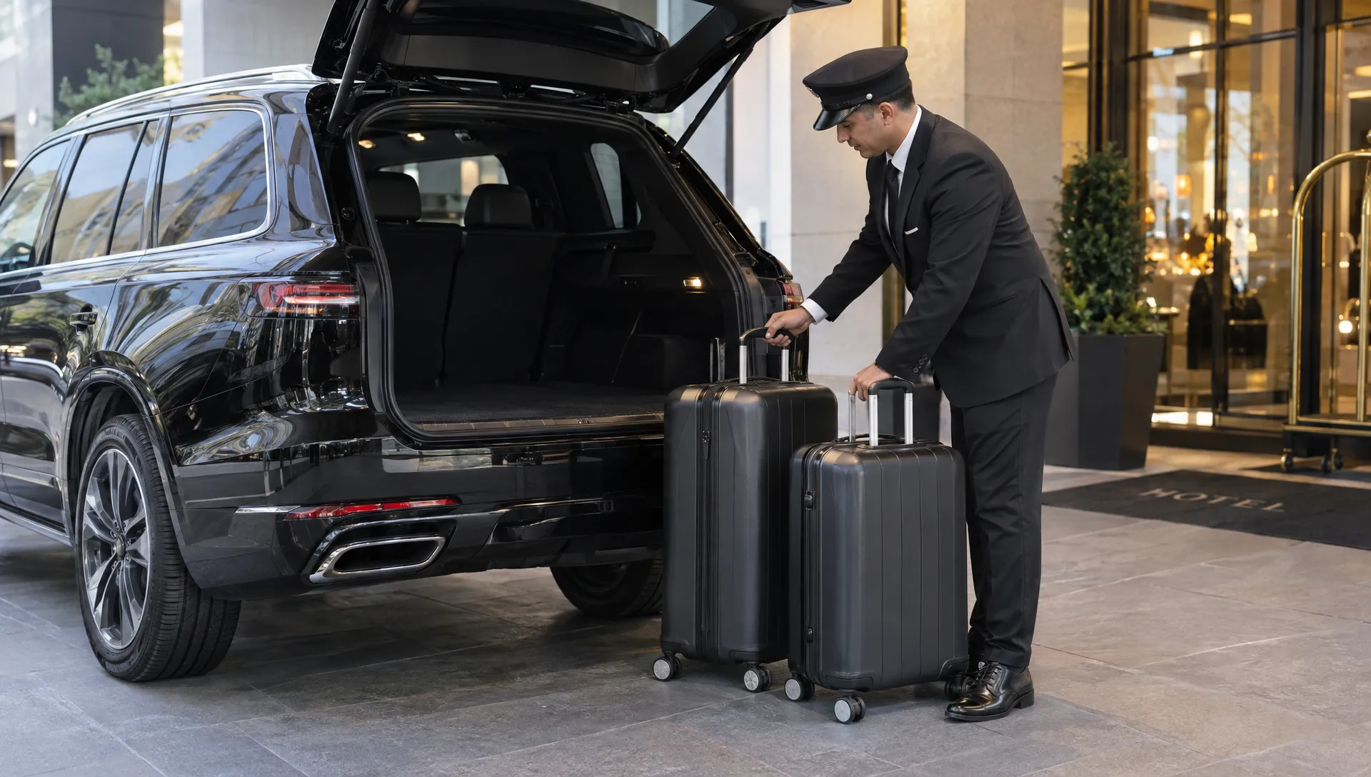 A chauffeur checks two large suitcases beside the open cargo area of a black luxury SUV outside a hotel.
