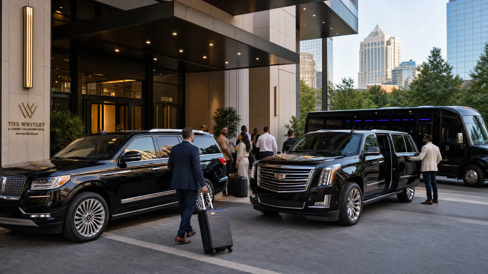 Luxury SUVs and a party bus staged outside an upscale Atlanta hotel entrance while adult guests with luggage prepare for a World Cup week itinerary.