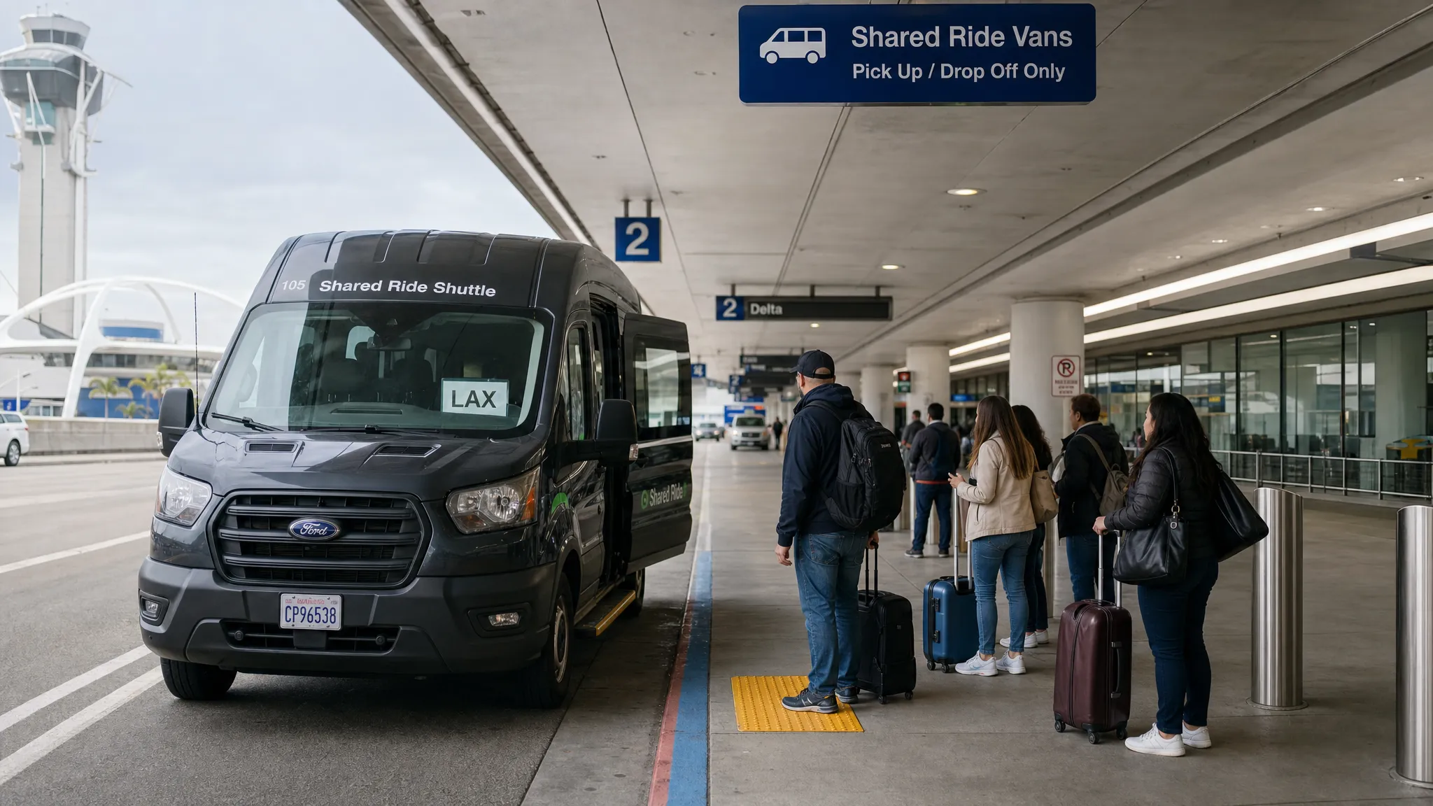 A shared airport shuttle van waiting outside an airport terminal while travelers with luggage stand nearby in a clearly marked passenger pickup area.