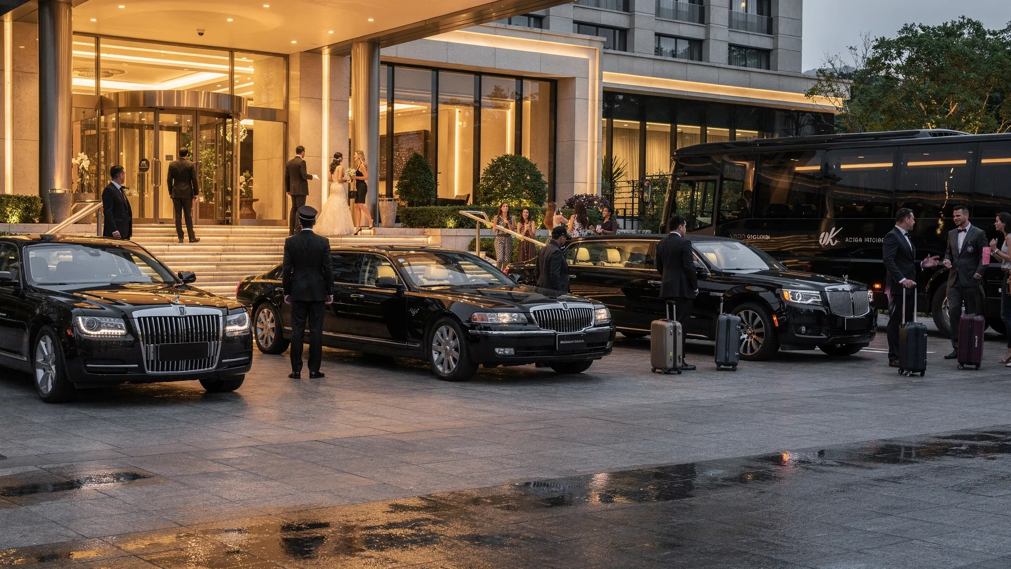 A black luxury sedan, stretch limousine, SUV, and party bus lined up outside a hotel entrance, illustrating different chauffeured transportation options for airport transfers, weddings, corporate travel, and group events.