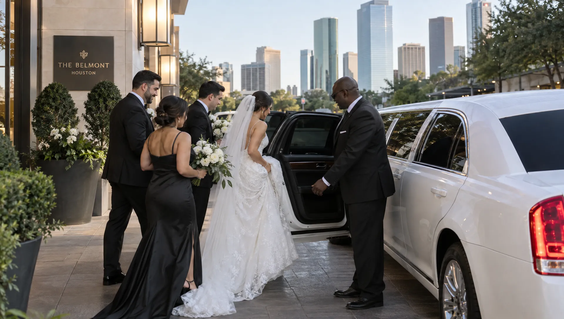 A wedding party boards a stretch limousine outside a Houston venue while the chauffeur holds the rear door open.