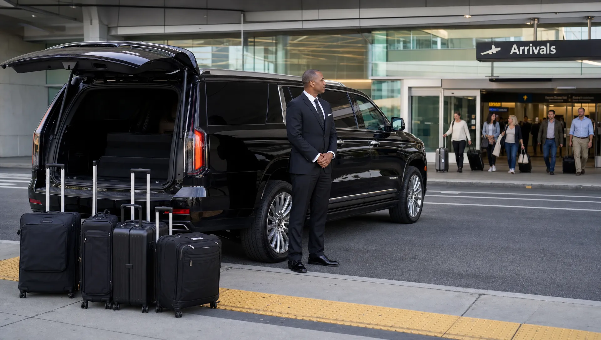 A professional chauffeur waiting beside a black luxury SUV at an airport arrivals curb, with several suitcases near the rear of the vehicle and travelers stepping out of the terminal in the background.