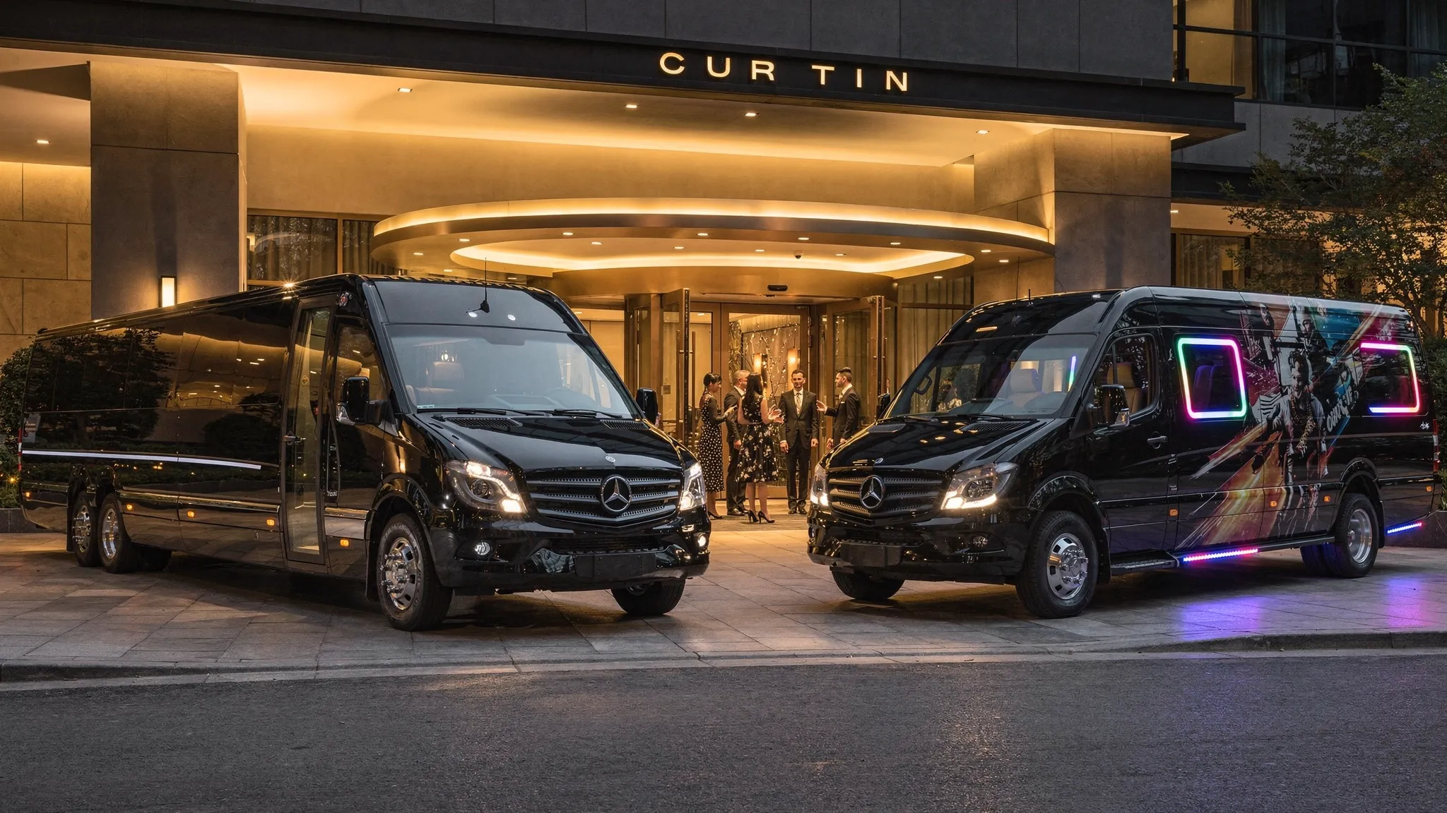 A side-by-side comparison scene showing two luxury group vehicles parked at a venue entrance: one with a sleek, executive bus limo look and one with a more nightlife-oriented party bus look, highlighting differences in style and purpose.