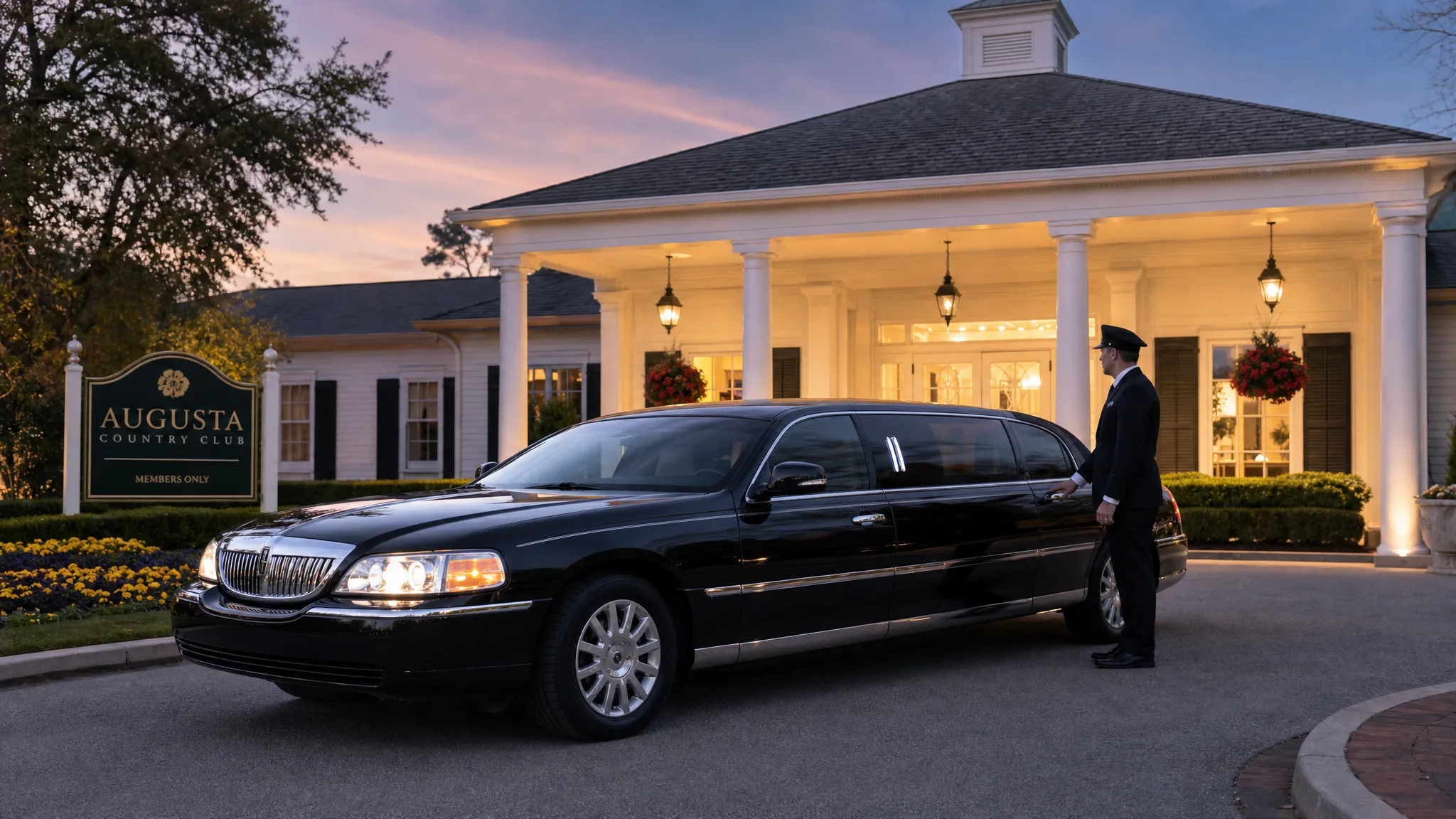 A black luxury limousine parked outside an elegant Augusta event venue at dusk, with warm exterior lighting, formal landscaping, and a professional chauffeur standing near the passenger door.