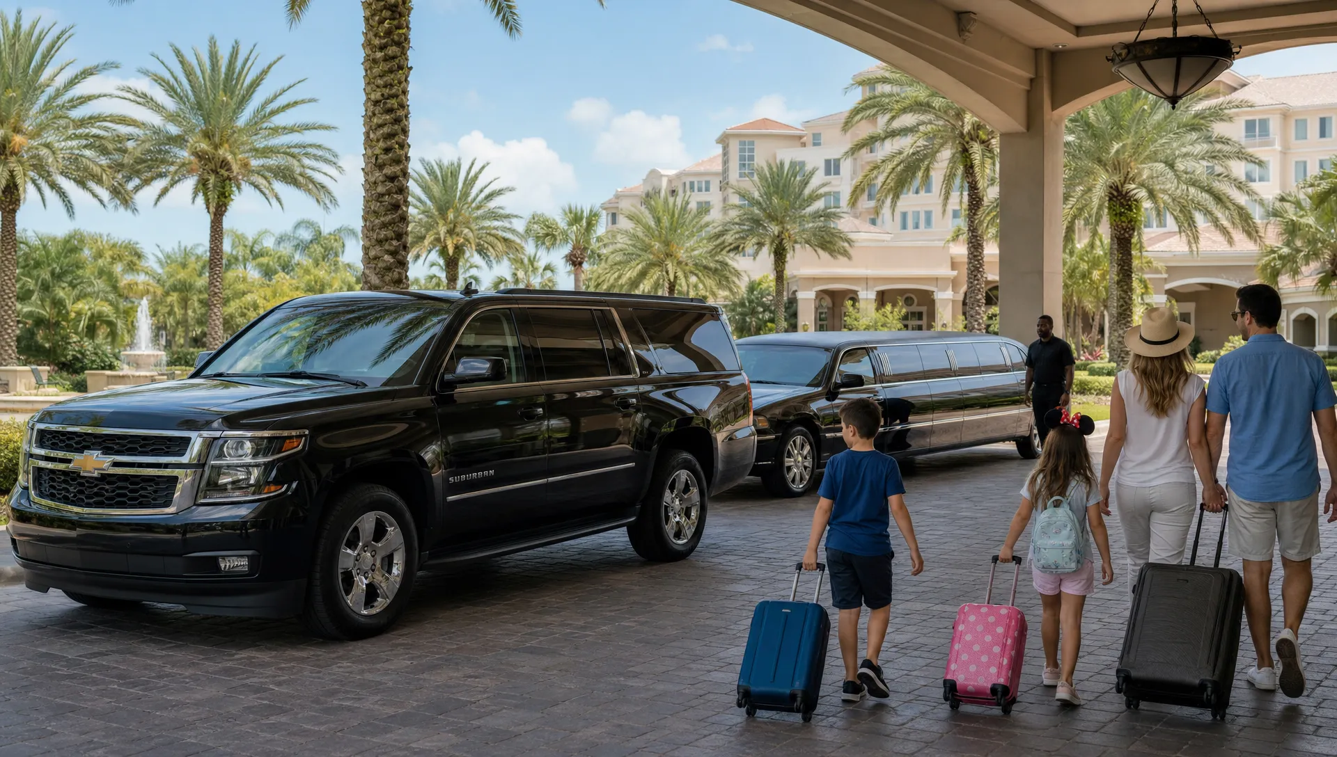 A luxury black SUV and a stretch limousine waiting at an upscale Orlando resort entrance lined with palm trees, with adults and luggage nearby preparing for a theme park day.