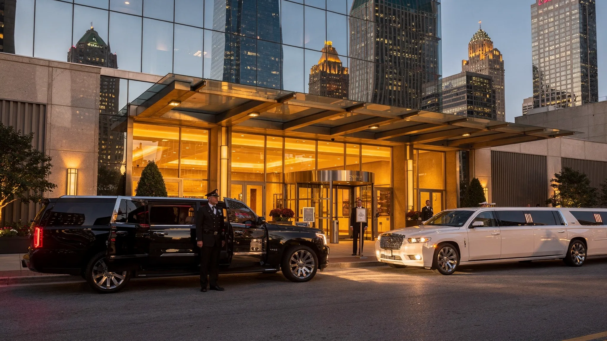 A black chauffeured SUV and a stretch limousine waiting outside an upscale Atlanta hotel entrance with the city skyline in the background.
