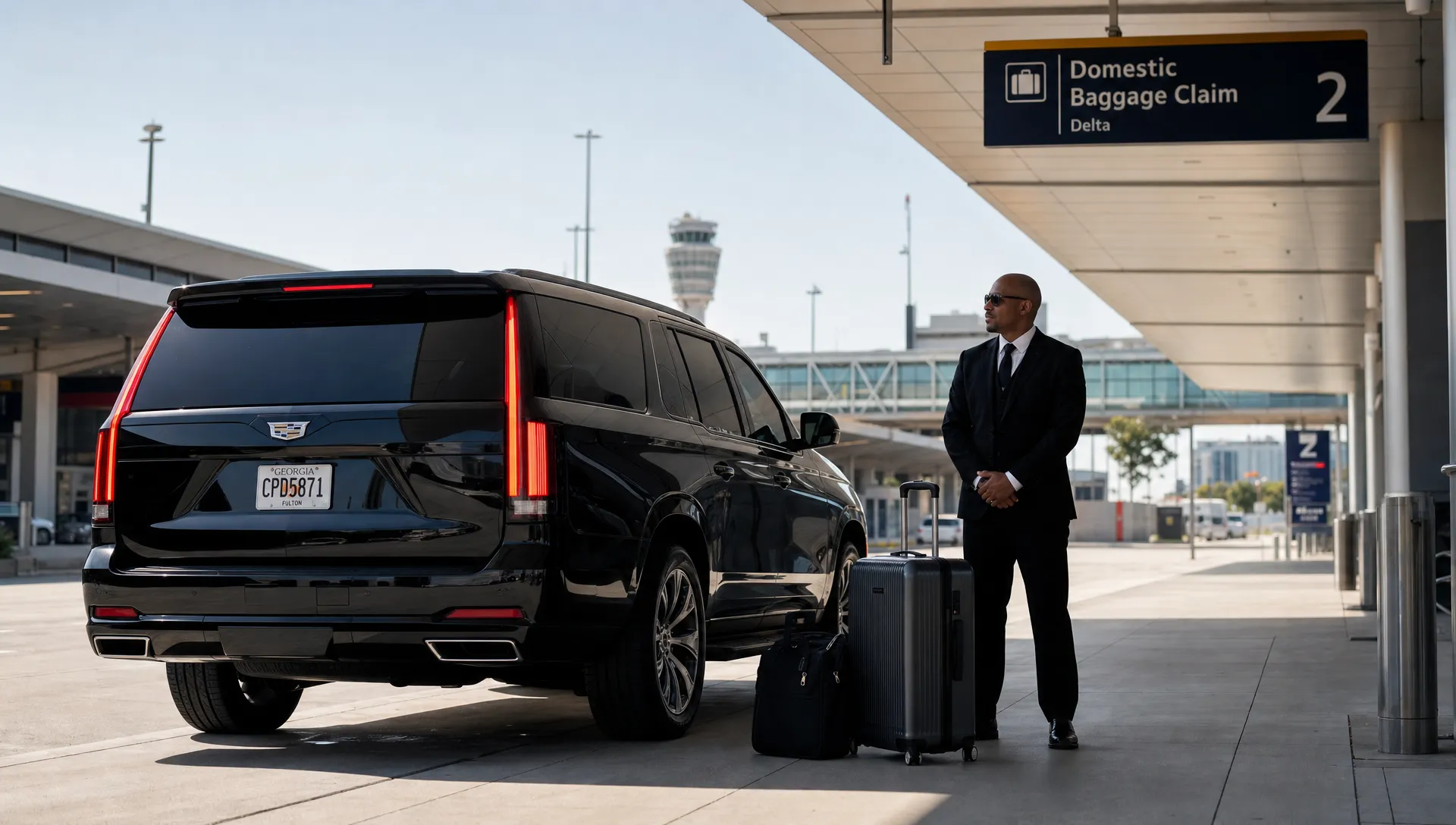 A luxury black SUV waiting at an Atlanta airport pickup area with luggage beside the rear door and a professional chauffeur standing nearby.