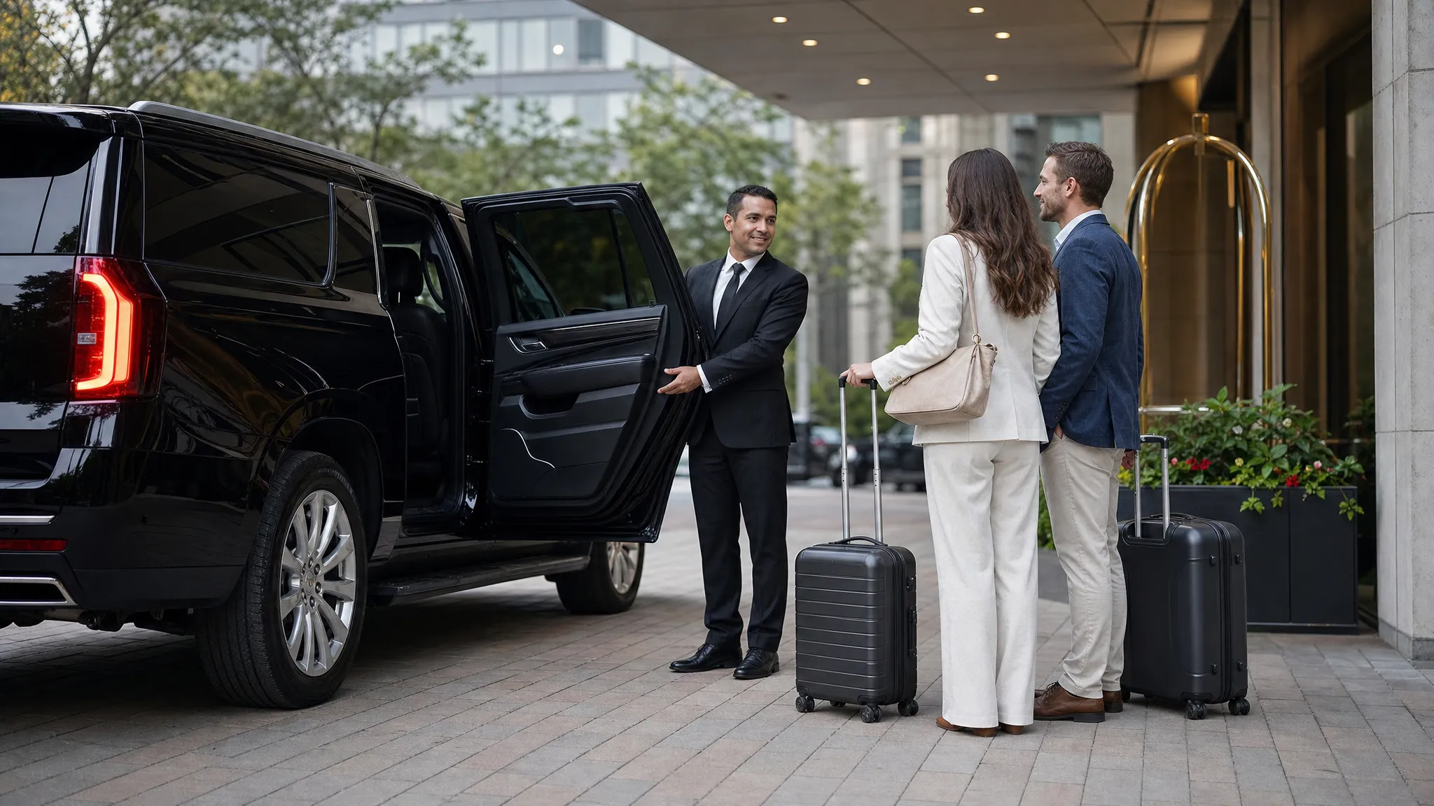 Professional chauffeur opening the door of a black luxury SUV outside a hotel entrance as travelers with luggage prepare for an airport transfer.