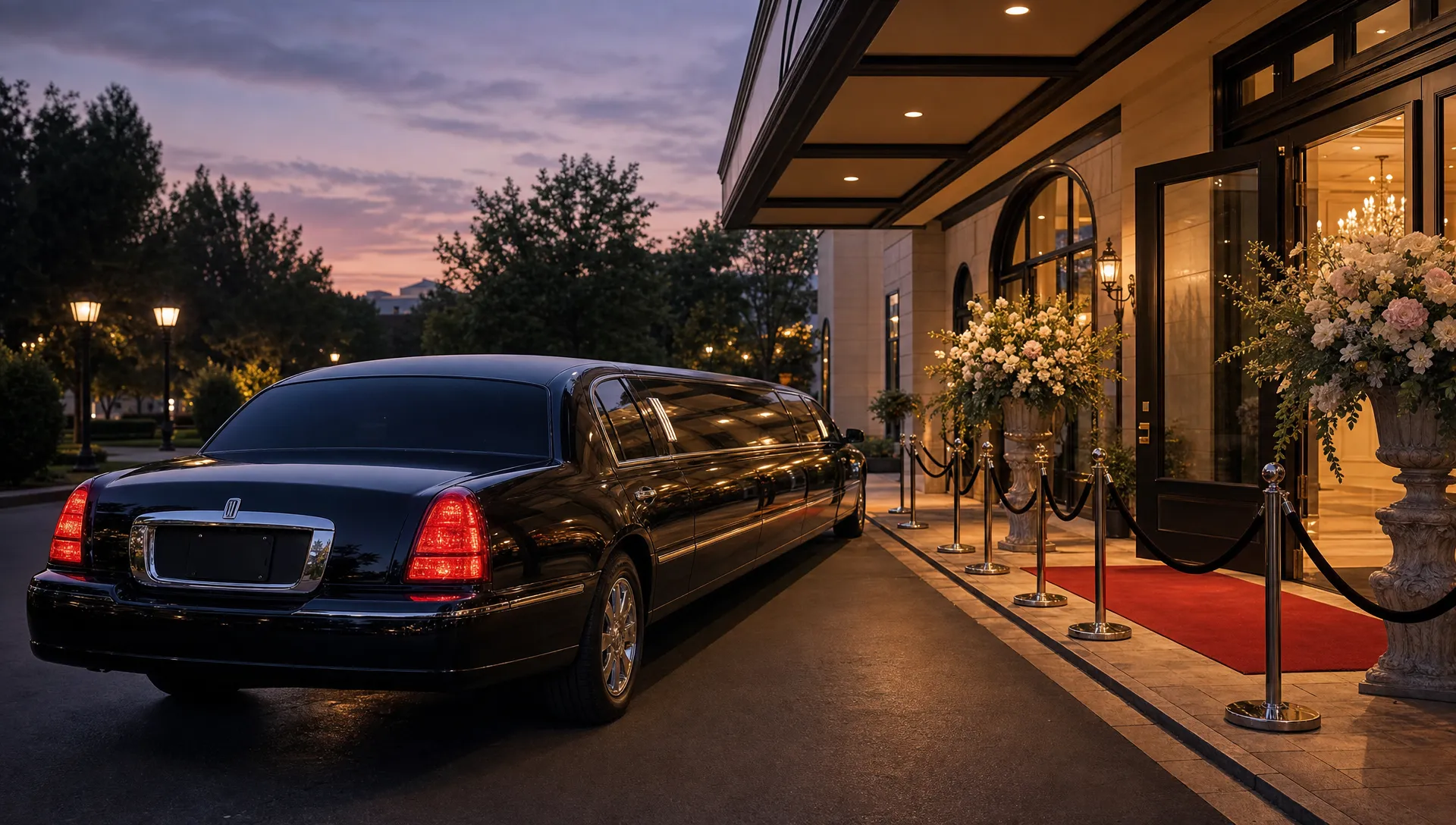 A black luxury limousine parked beside an elegant event venue at dusk, with floral arrangements near the entrance, soft exterior lighting, and a formal arrival lane leading to the door.