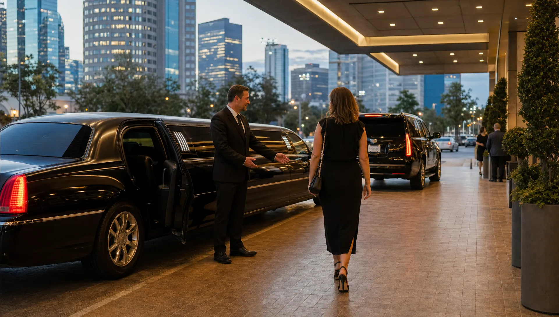 A black limousine and luxury SUV wait outside a Houston event venue while a chauffeur greets arriving guests near the curb.