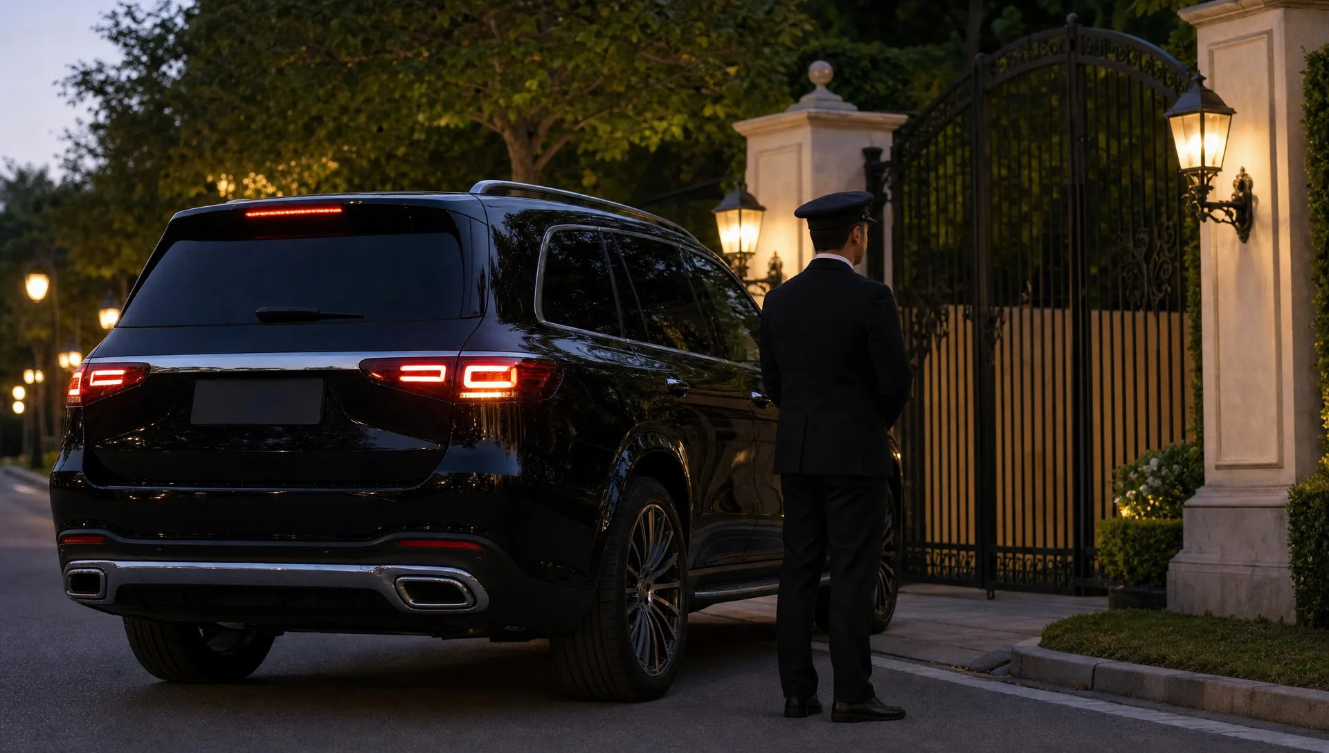 A black luxury SUV waits at a private residence gate at dusk while a professional chauffeur stands near the rear door, with soft street lights in the background and no visible branding on the vehicle.