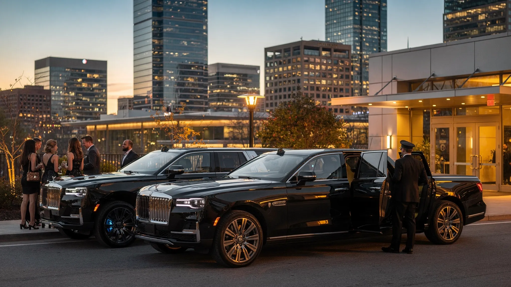A black luxury SUV and a stretch limousine parked near an Atlanta event venue with the downtown skyline in the background as passengers prepare for an evening pickup.