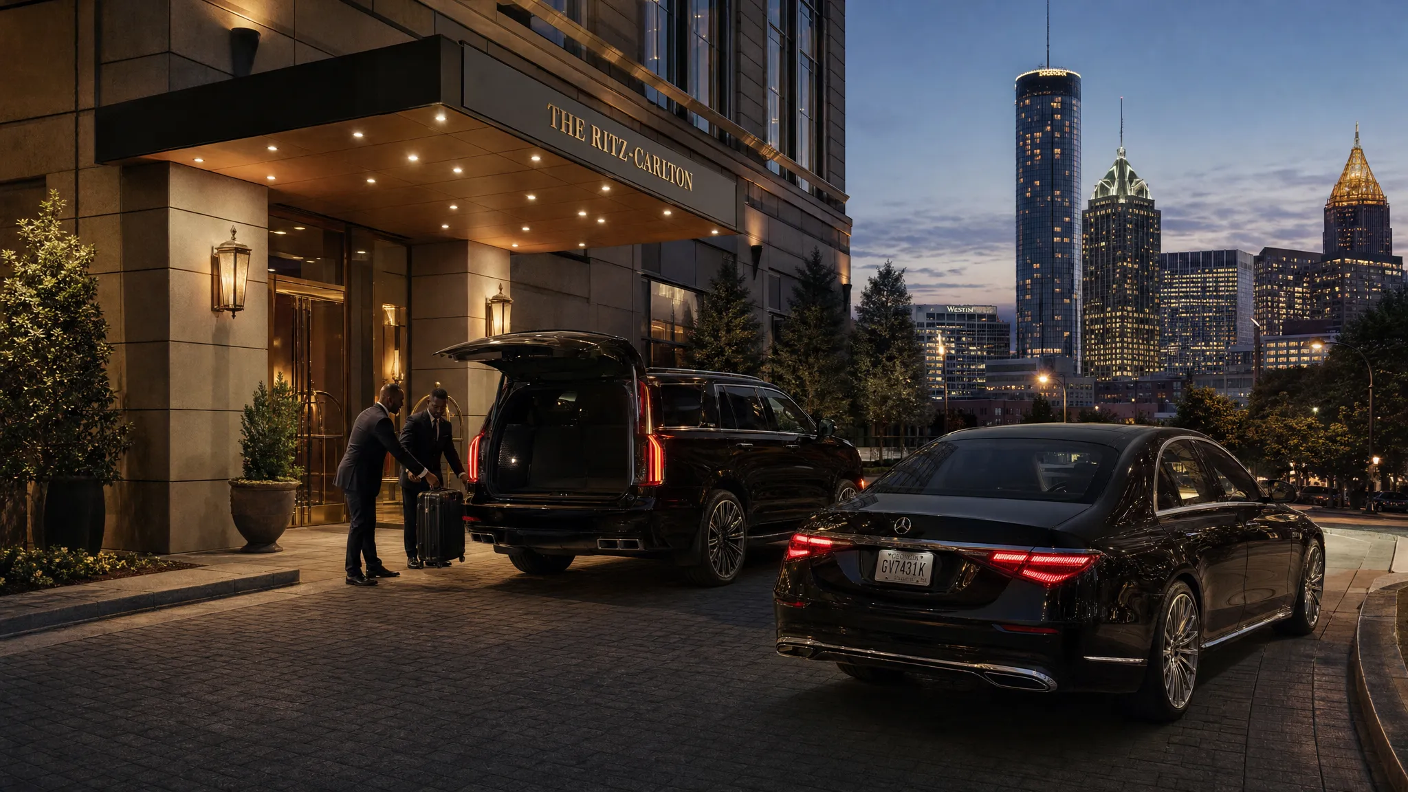 A black luxury SUV and executive sedan waiting outside an Atlanta hotel entrance at dusk, with luggage being loaded near the curb and the city skyline in the background.
