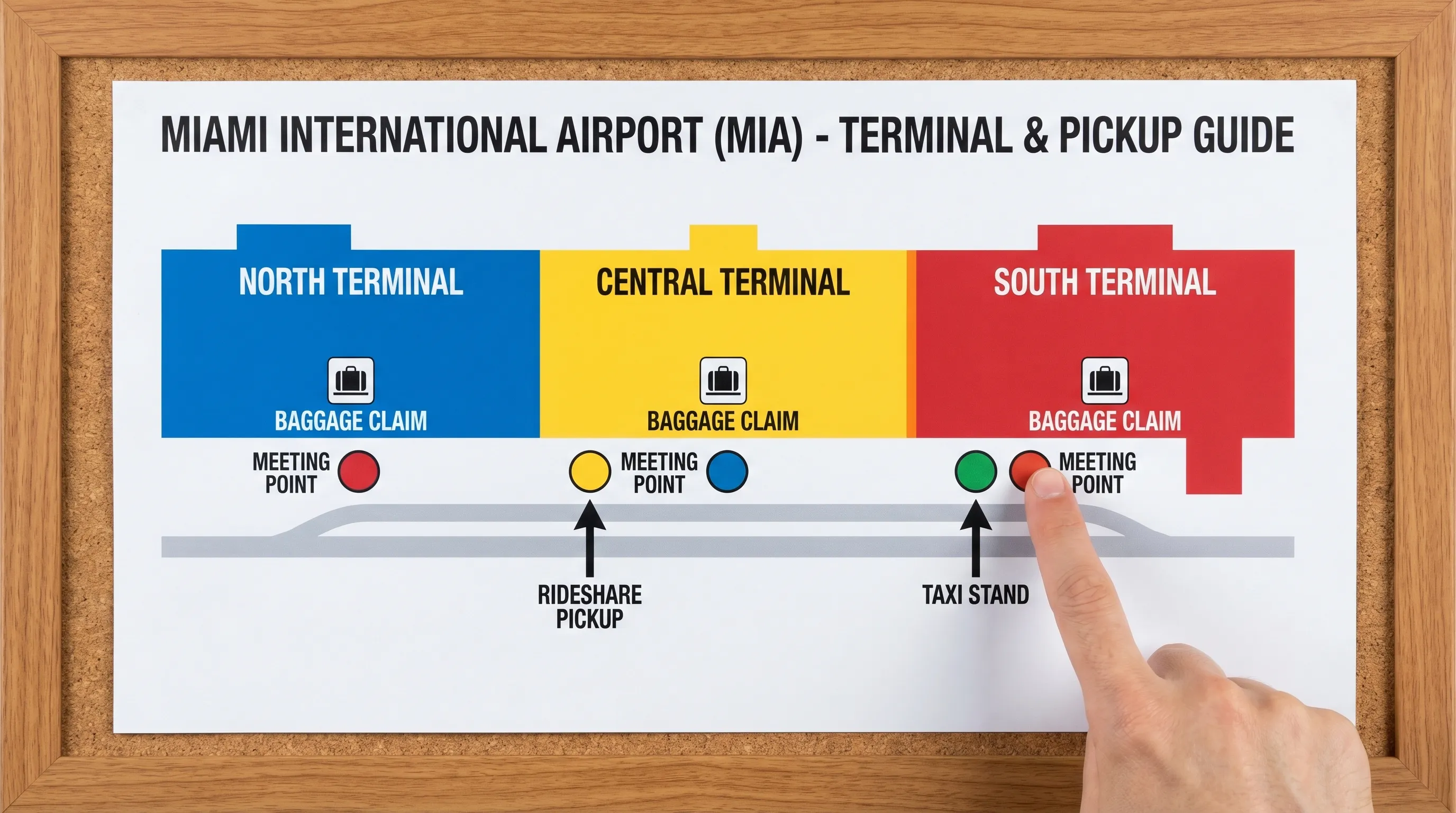 A simplified map-style illustration of Miami International Airport terminals (North, Central, South) with highlighted meeting points at baggage claim exits and designated pickup curbs.