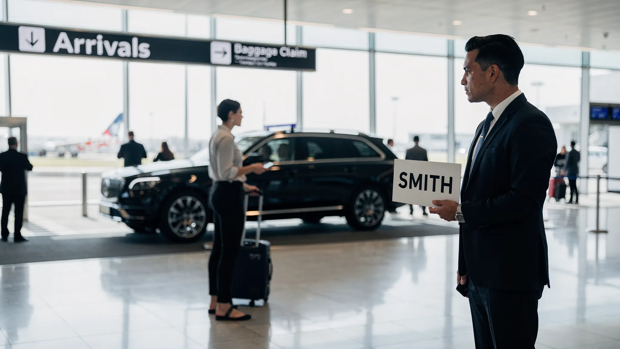 A traveler standing near an airport baggage claim exit holding a phone, with a chauffeur in a suit holding a name sign nearby and a black SUV waiting outside at the curb.