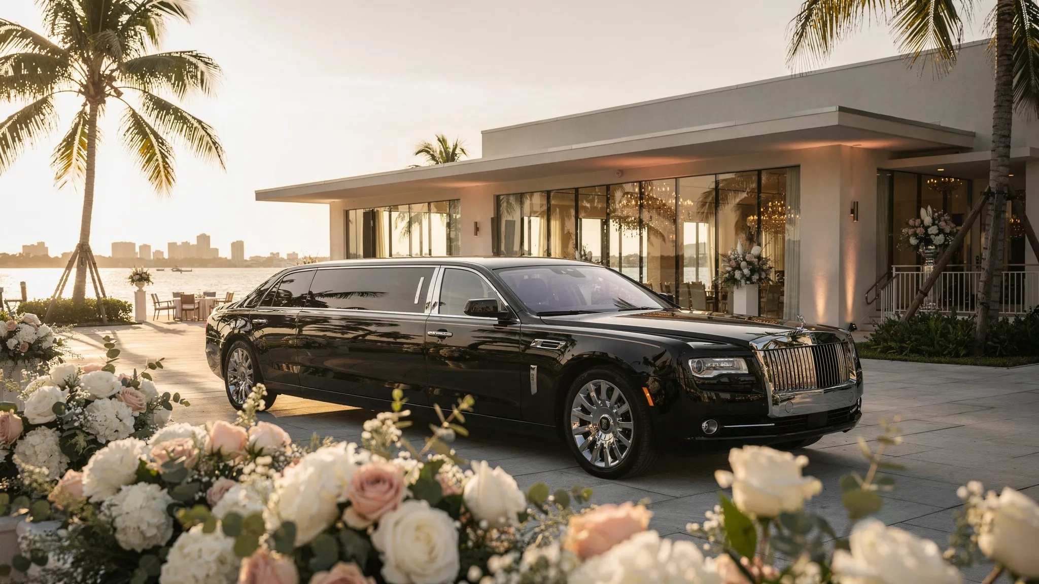 Luxury black limousine parked outside an elegant Miami waterfront wedding venue, photographed from a low-angle near the floral arrangements with palm trees and Biscayne Bay visible in the background.