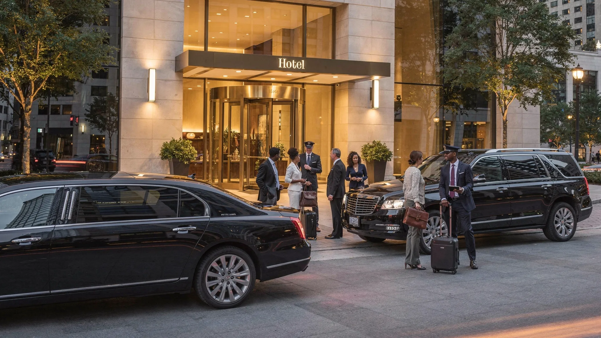 A black luxury limousine and SUV waiting outside an upscale Atlanta hotel entrance with a small group of well-dressed travelers preparing for a chauffeured ride.
