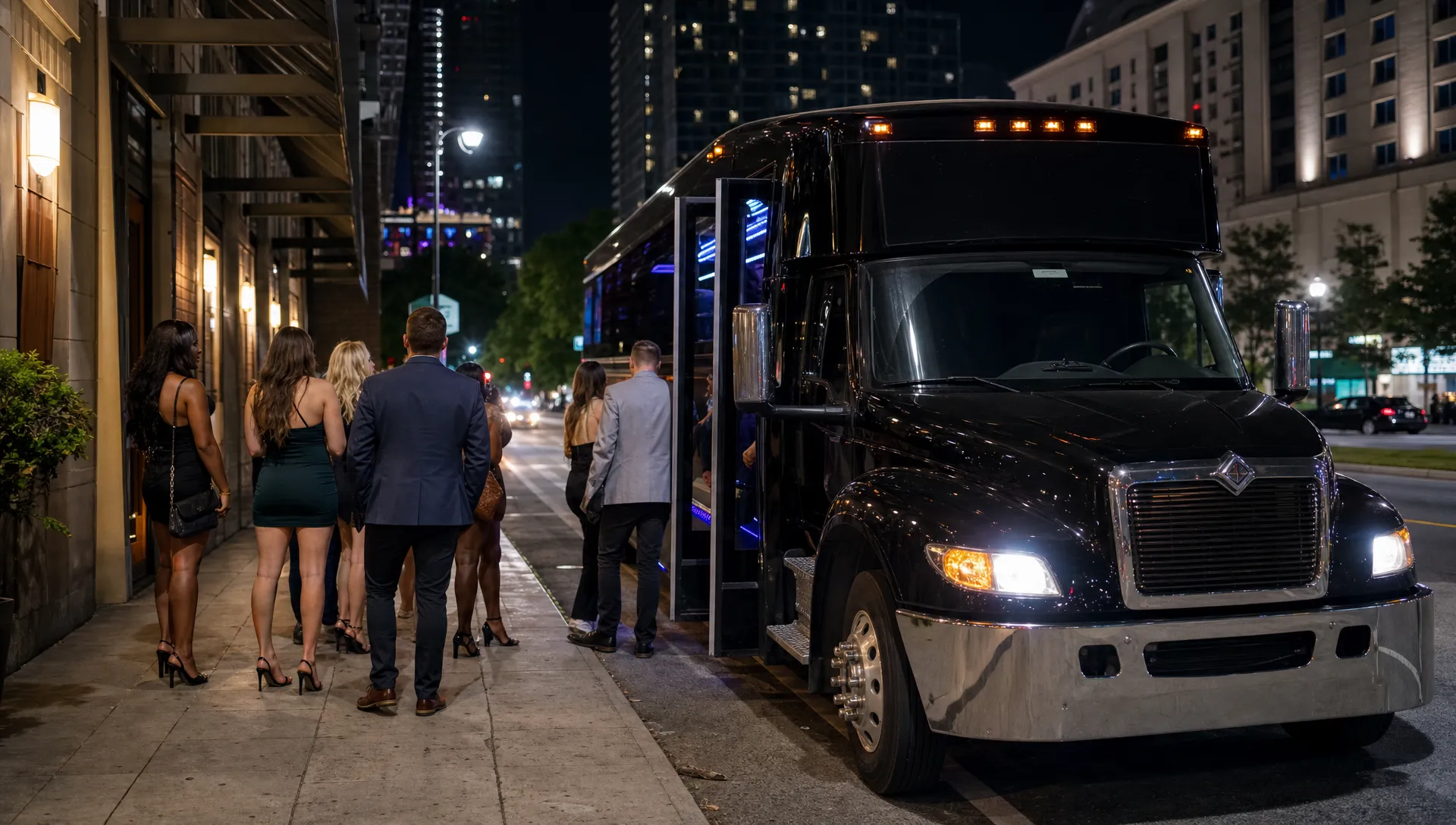 A party bus waits outside a downtown venue at night as a small group gets ready to board at the curb.
