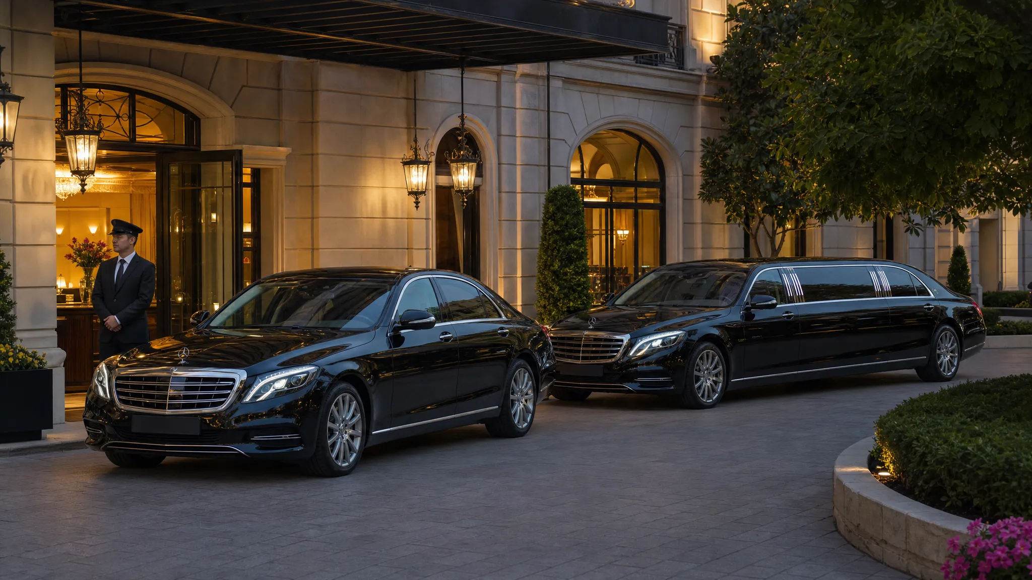 A luxury black sedan and an elegant limousine parked along a formal hotel driveway, with a professional chauffeur standing nearby and warm lobby light spilling through the entrance behind them.