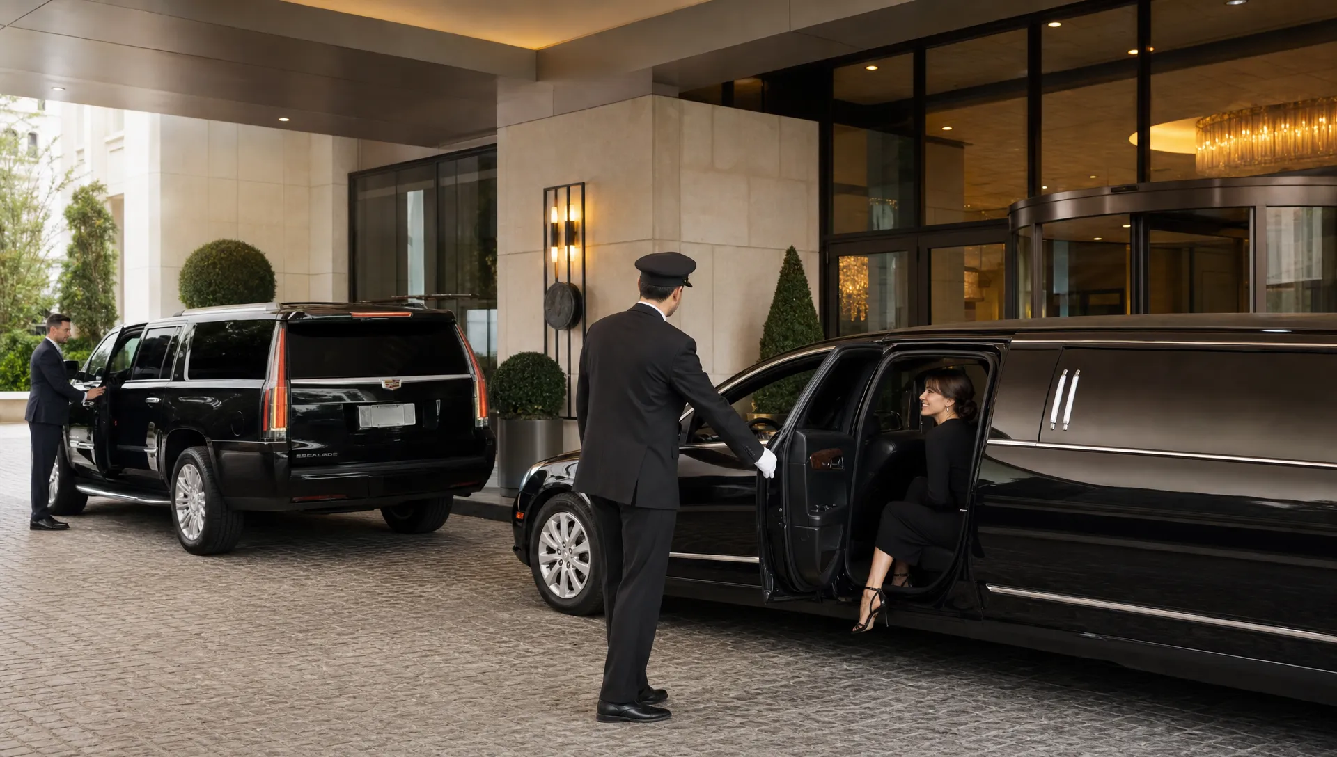 A luxury limousine and SUV wait outside a hotel entrance while a chauffeur helps passengers with a formal ride.