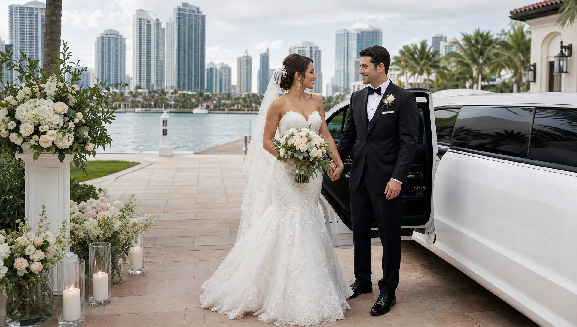 A bride and groom prepare to leave a Miami waterfront wedding venue beside a white limousine and floral arrangements.