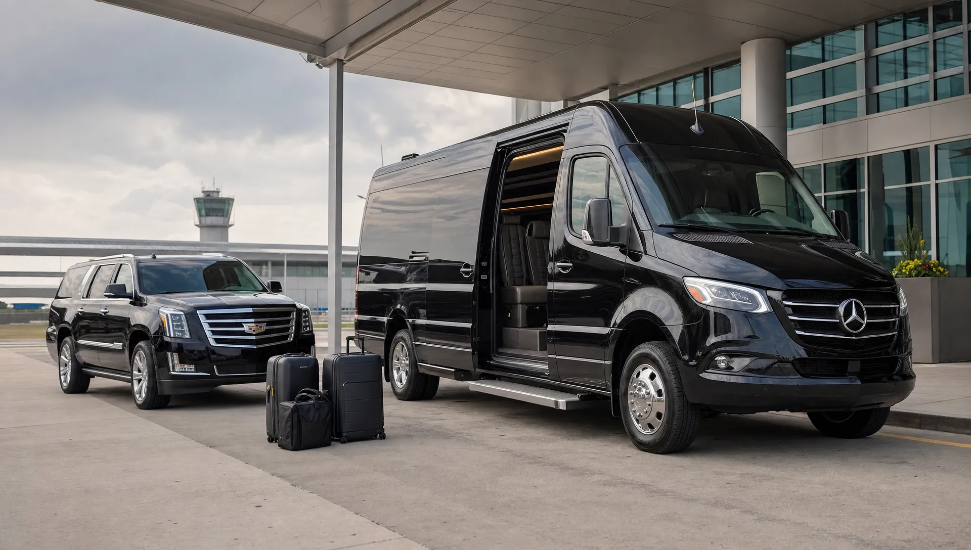 A luxury Sprinter limousine and a black SUV parked near an airport curb with luggage beside them, showing group travel space and private executive transportation.