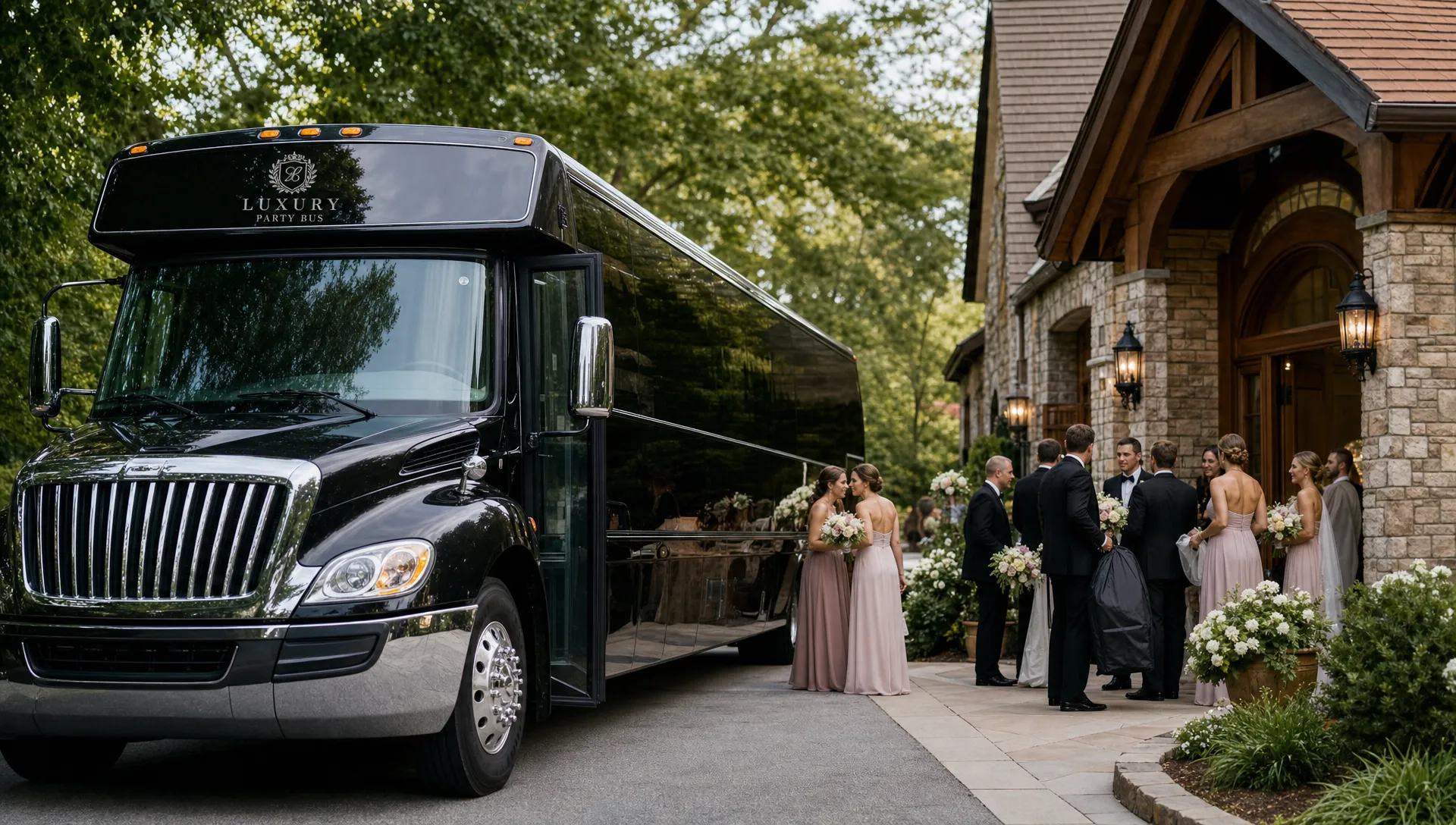 A luxury wedding party bus parked near a wedding venue entrance while dressed-up adults gather beside the doorway with bouquets and garment bags.