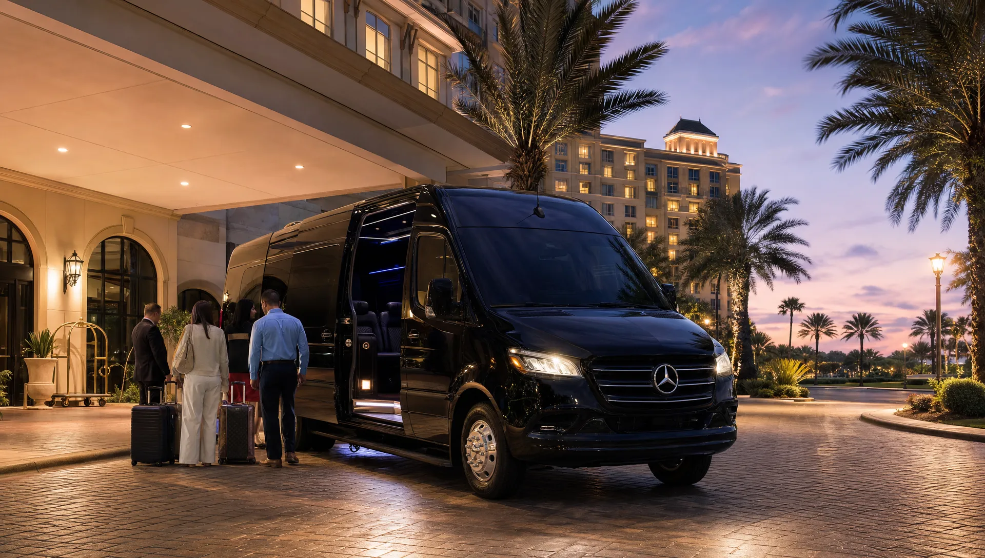A black luxury Sprinter limo parked at an upscale Orlando hotel driveway at dusk, with palm trees, polished pavement, and a small group of travelers near the luggage area preparing for a private evening transfer.