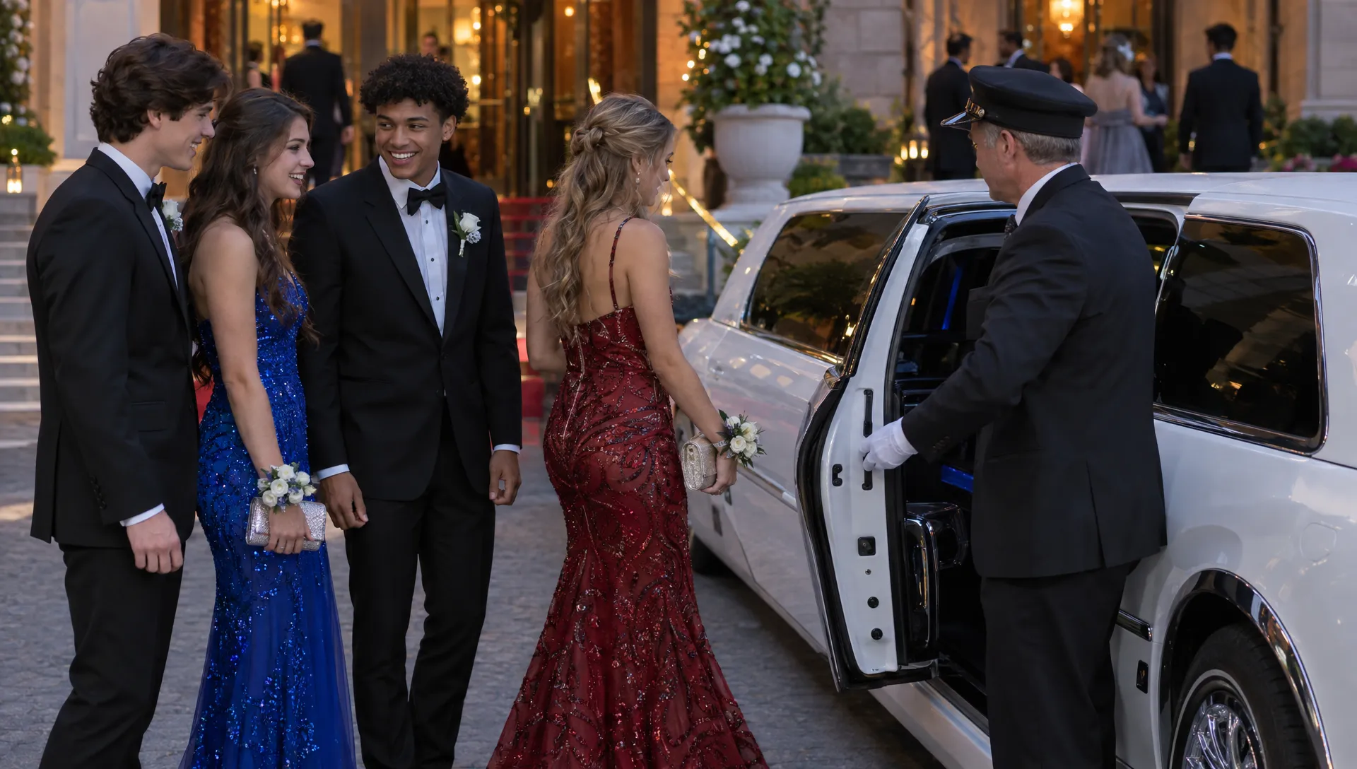 Four guests in formalwear gather beside a mini limo as the chauffeur opens its passenger door outside an event venue.