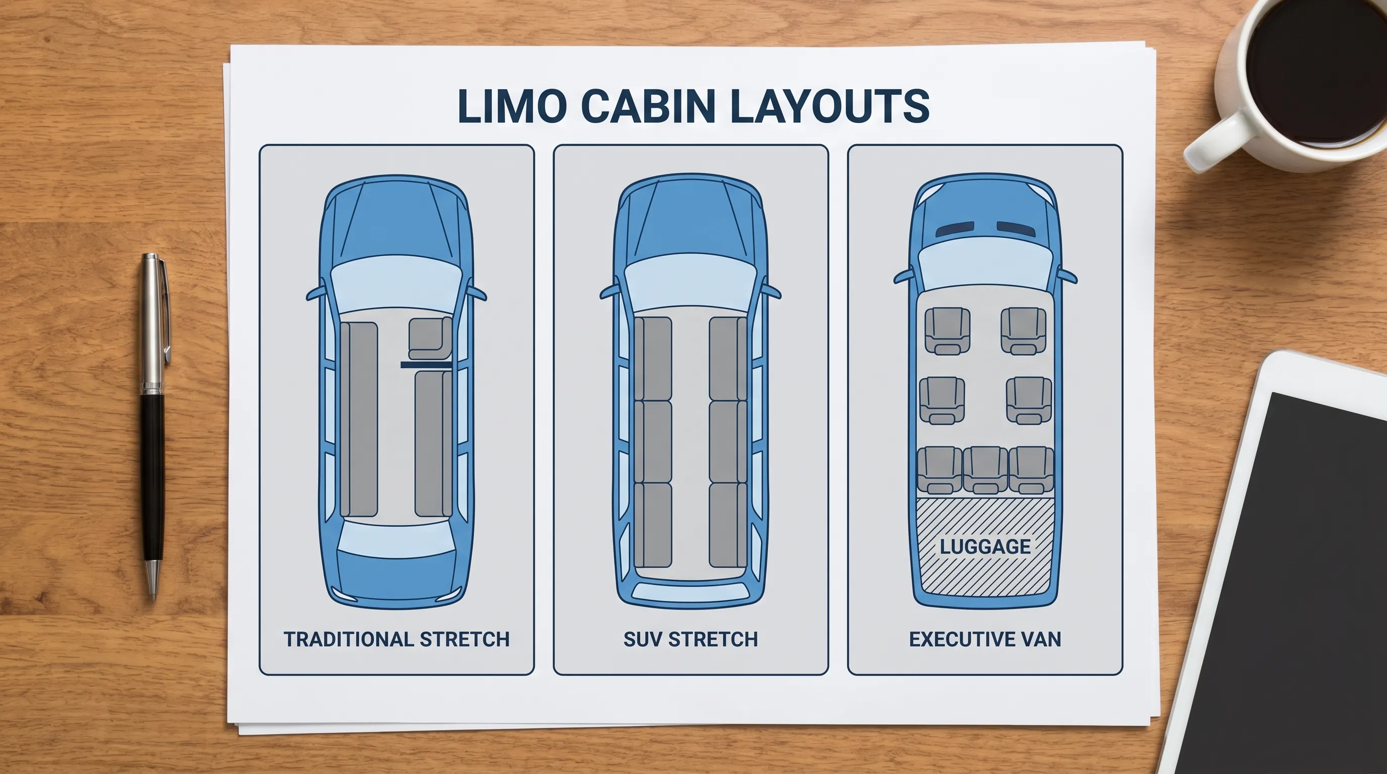 A simple top-down illustration showing three limo cabin layouts side by side: (1) traditional stretch sedan with two long side benches and a small J-seat, (2) SUV stretch with longer benches and more floor space, (3) executive van with forward-facing rows and a rear luggage area.