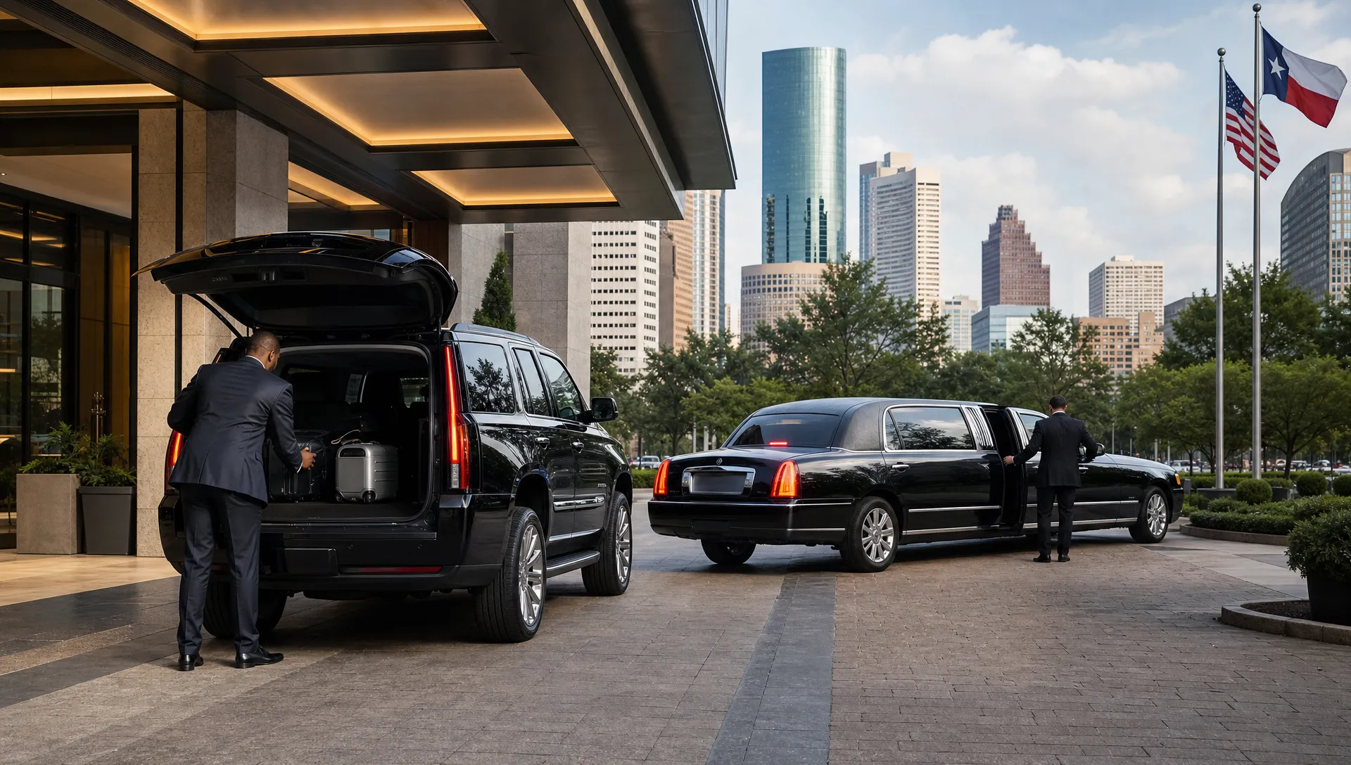 A black limousine and executive SUV wait outside a Houston hotel entrance with luggage loaded and downtown visible in the background.